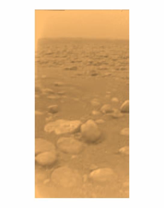 An image taken in 2005 by the European Space Agency’s Huygens probe during its successful descent to land on Titan