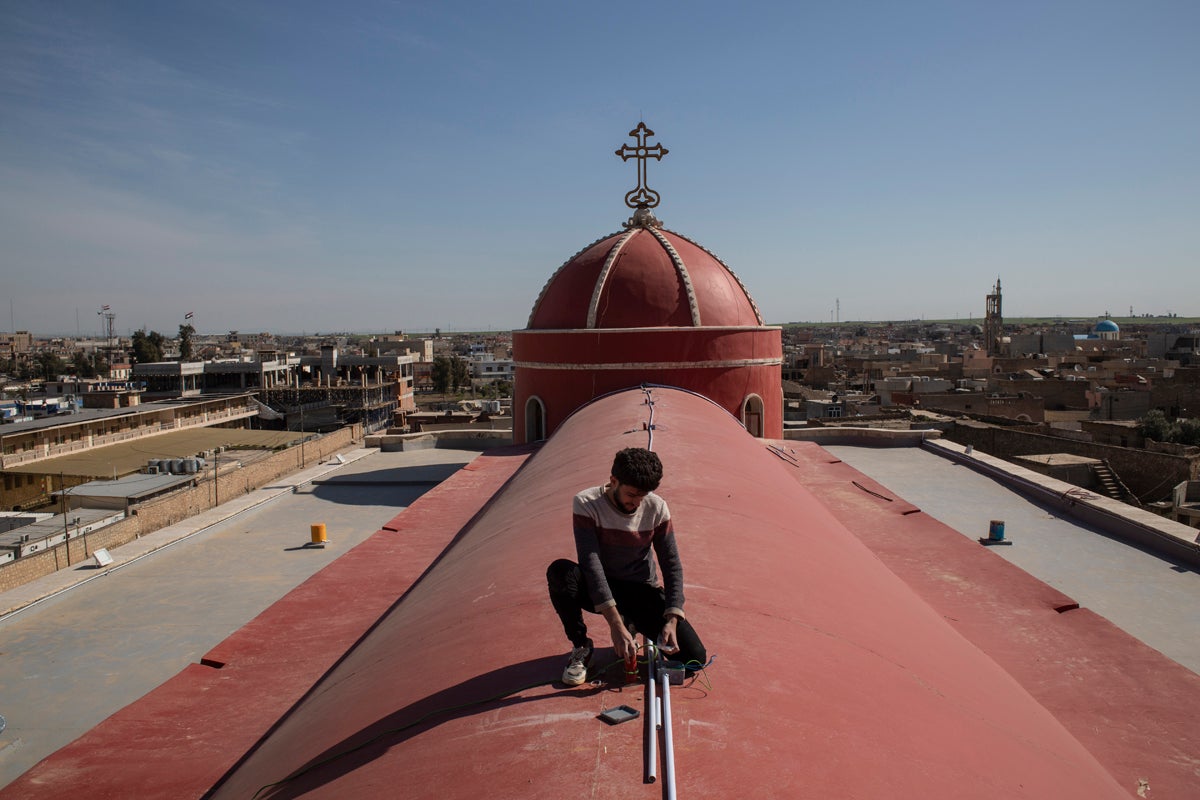 Final preparations are made at the Al-Tahira church in Qaraqosh, one of the churches the Pope will visit on his first visit to Iraq