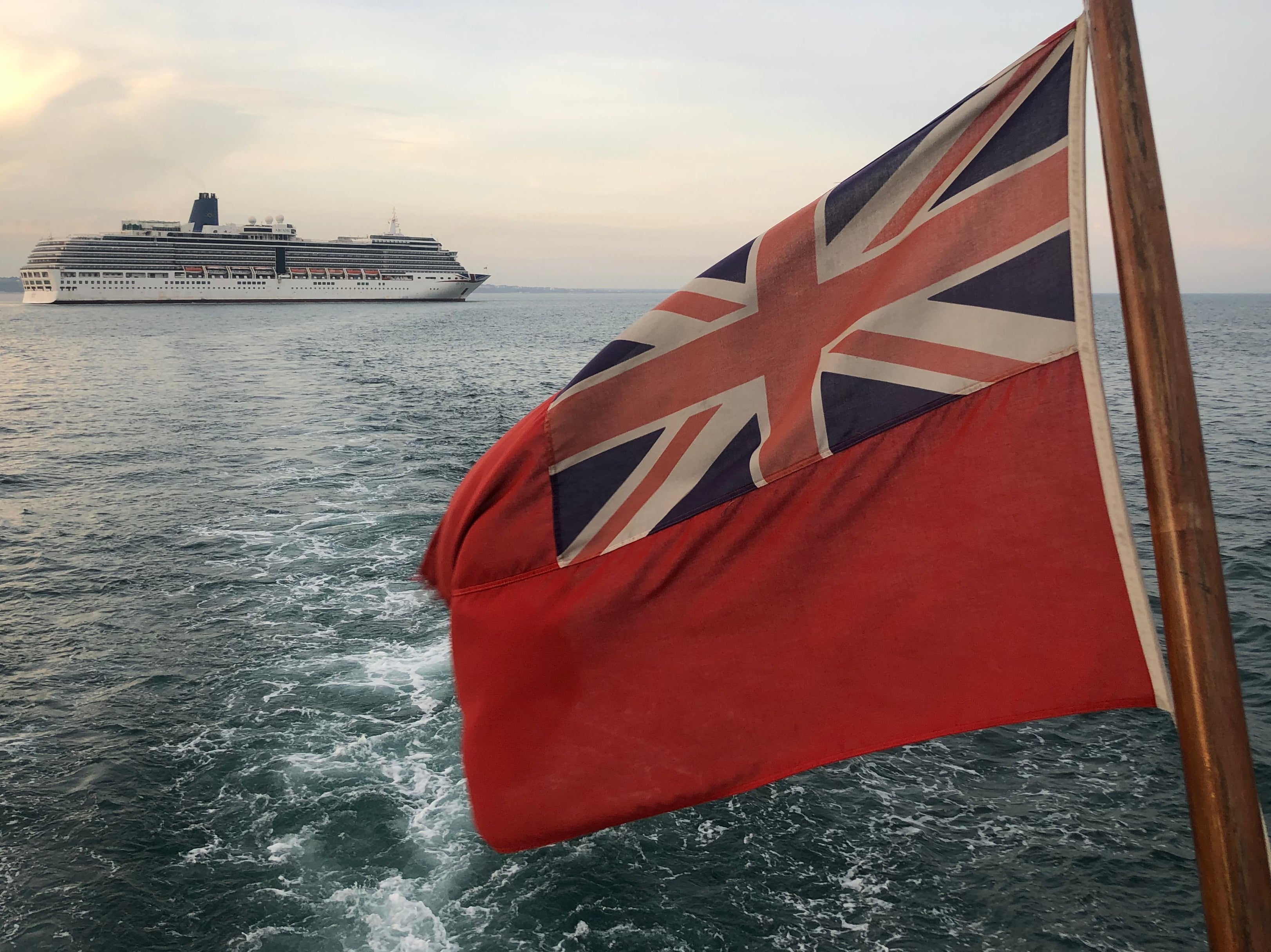 Sailing by: P&O’s Arcadia as seen from a pleasure boat off the coast of Dorset