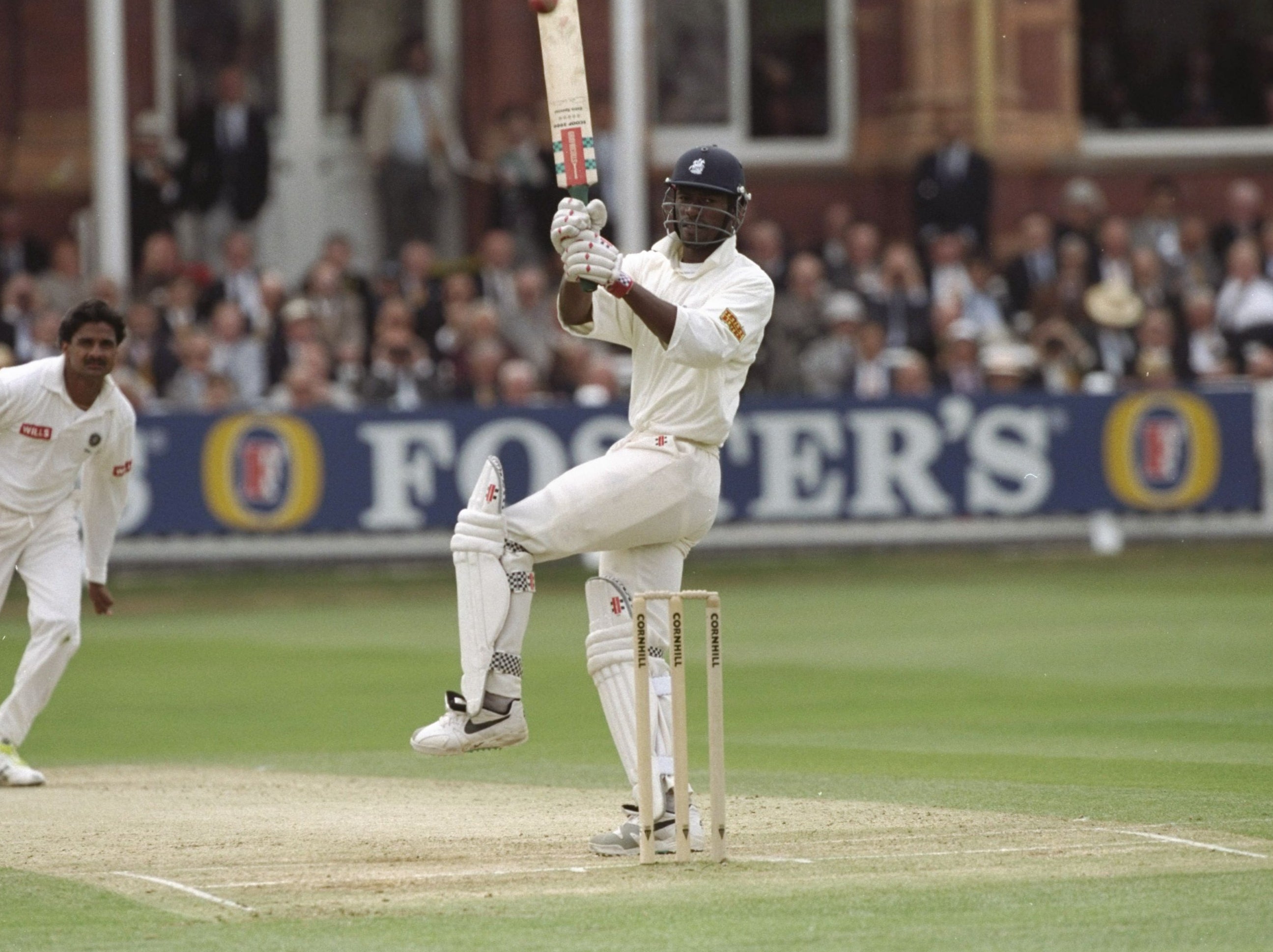Chris Lewis in action against India at Lords in 1996