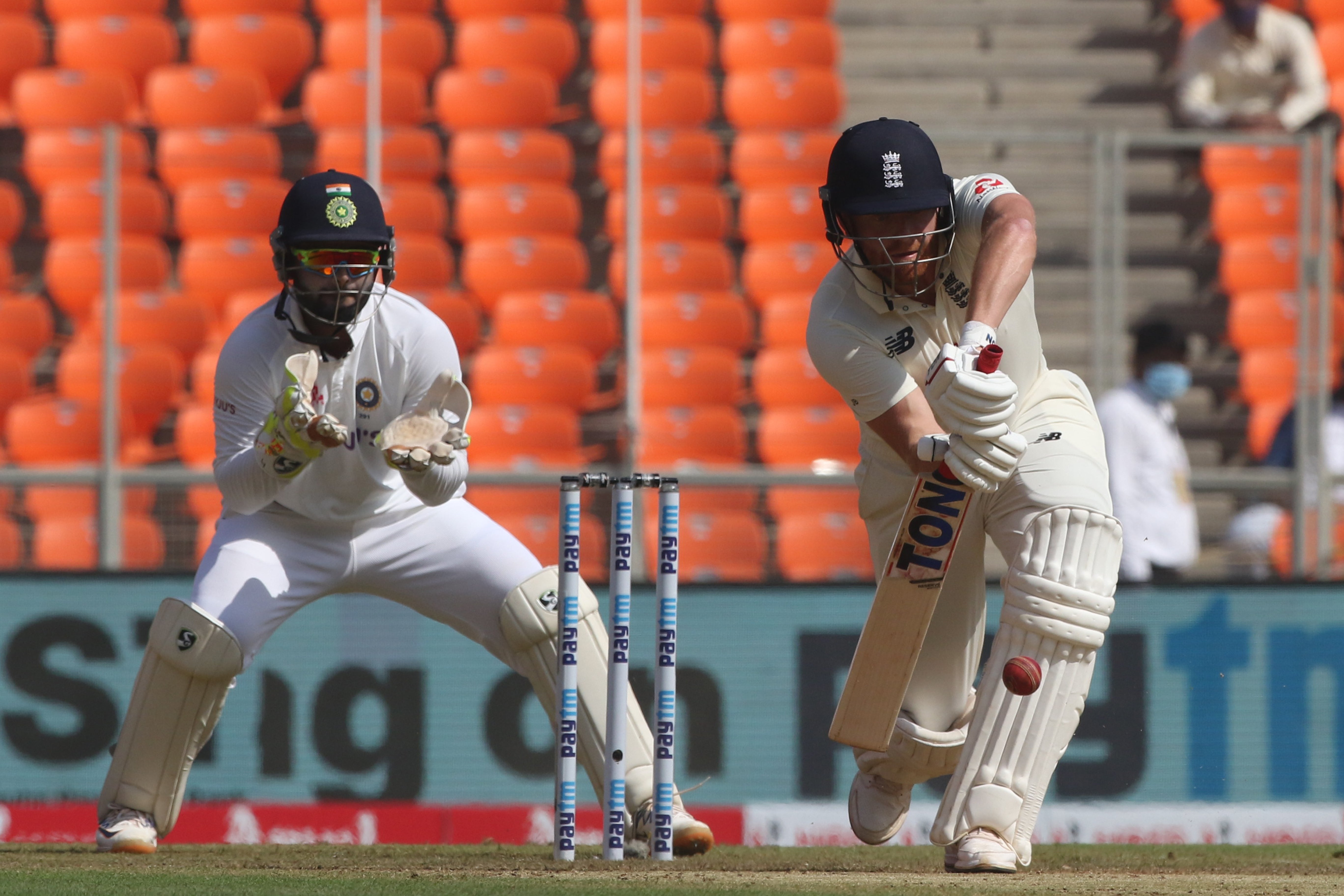 Jonny Bairstow bats during day one of the fourth Test in India