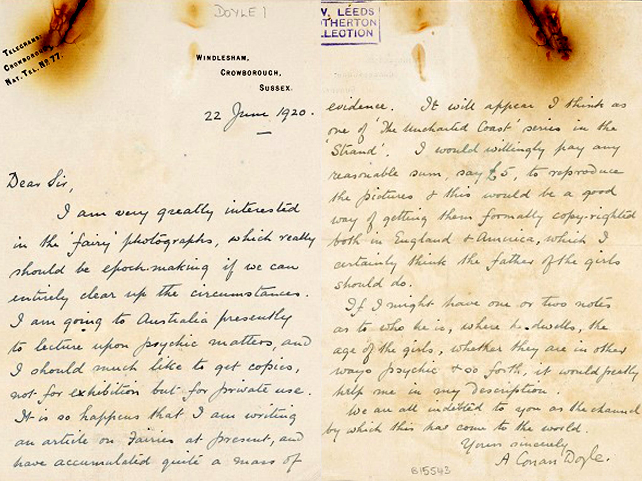 A letter about the fairies from Doyle to Edward L Gardner, dated June 1920