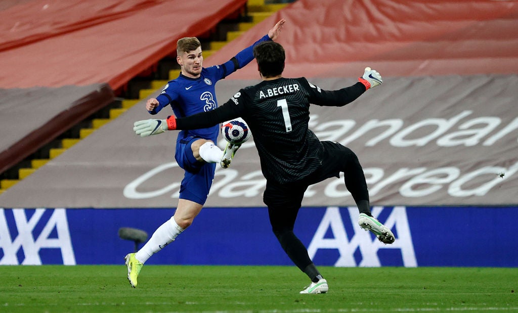 Chelsea’s Timo Werner was ruled narrowly offside as he finished past Alisson