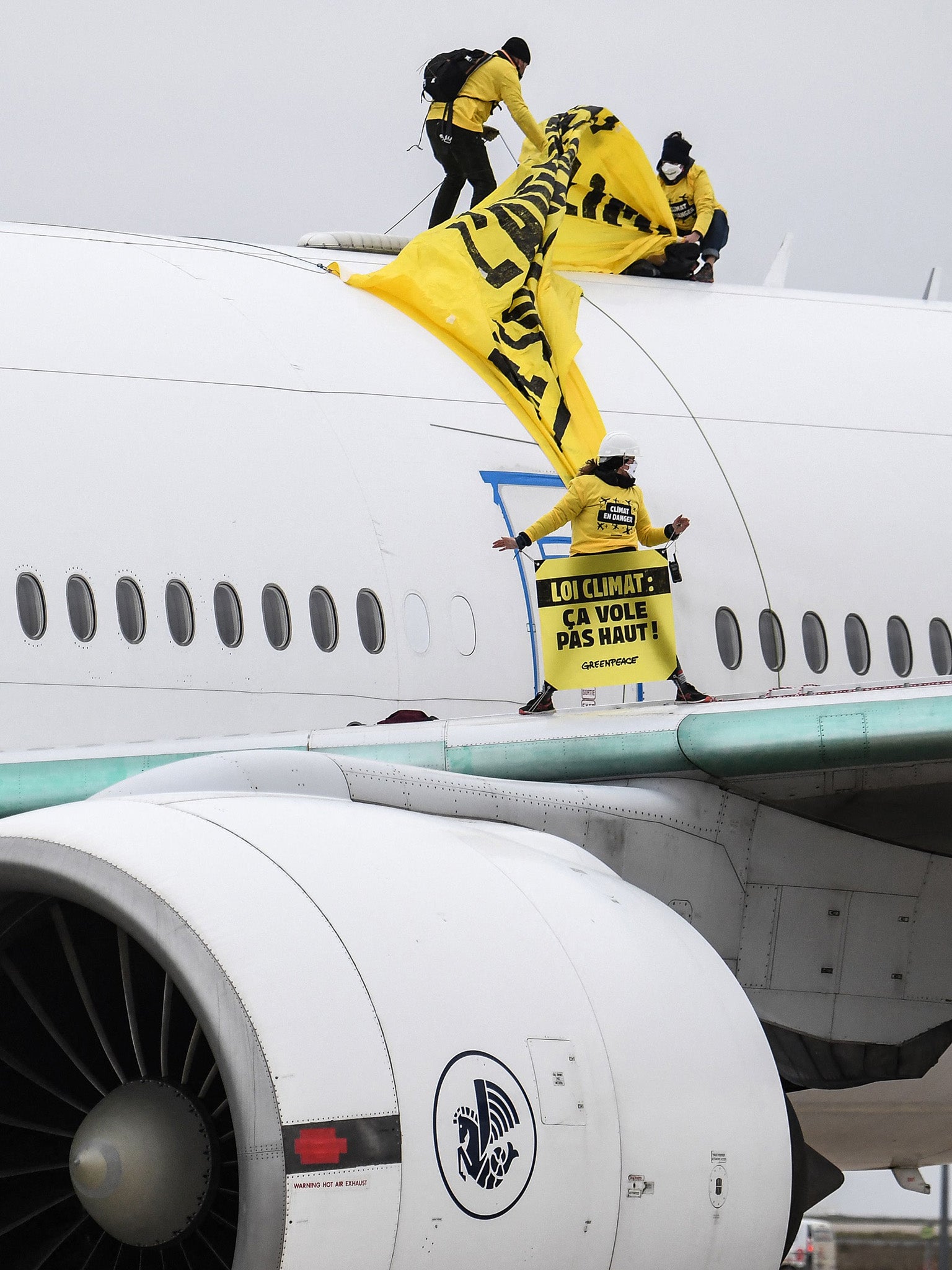 Activists brandish banner reading: ‘Climate law: It does not fly high'