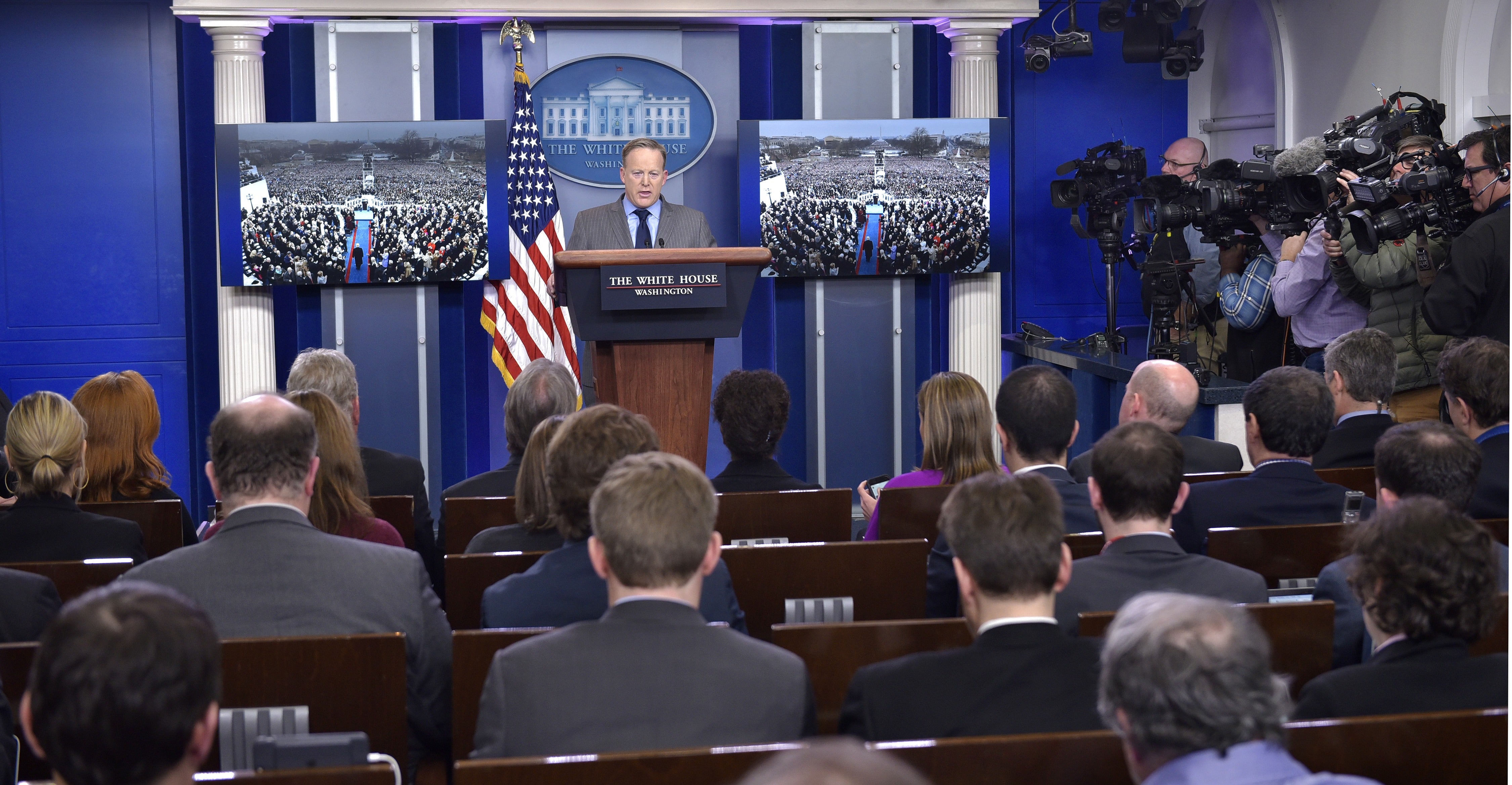 Sean Spicer holding a press briefing