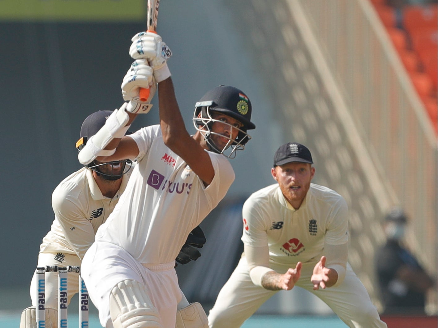Washington Sundar of India scoring a boundary on day three of the fourth Test against England