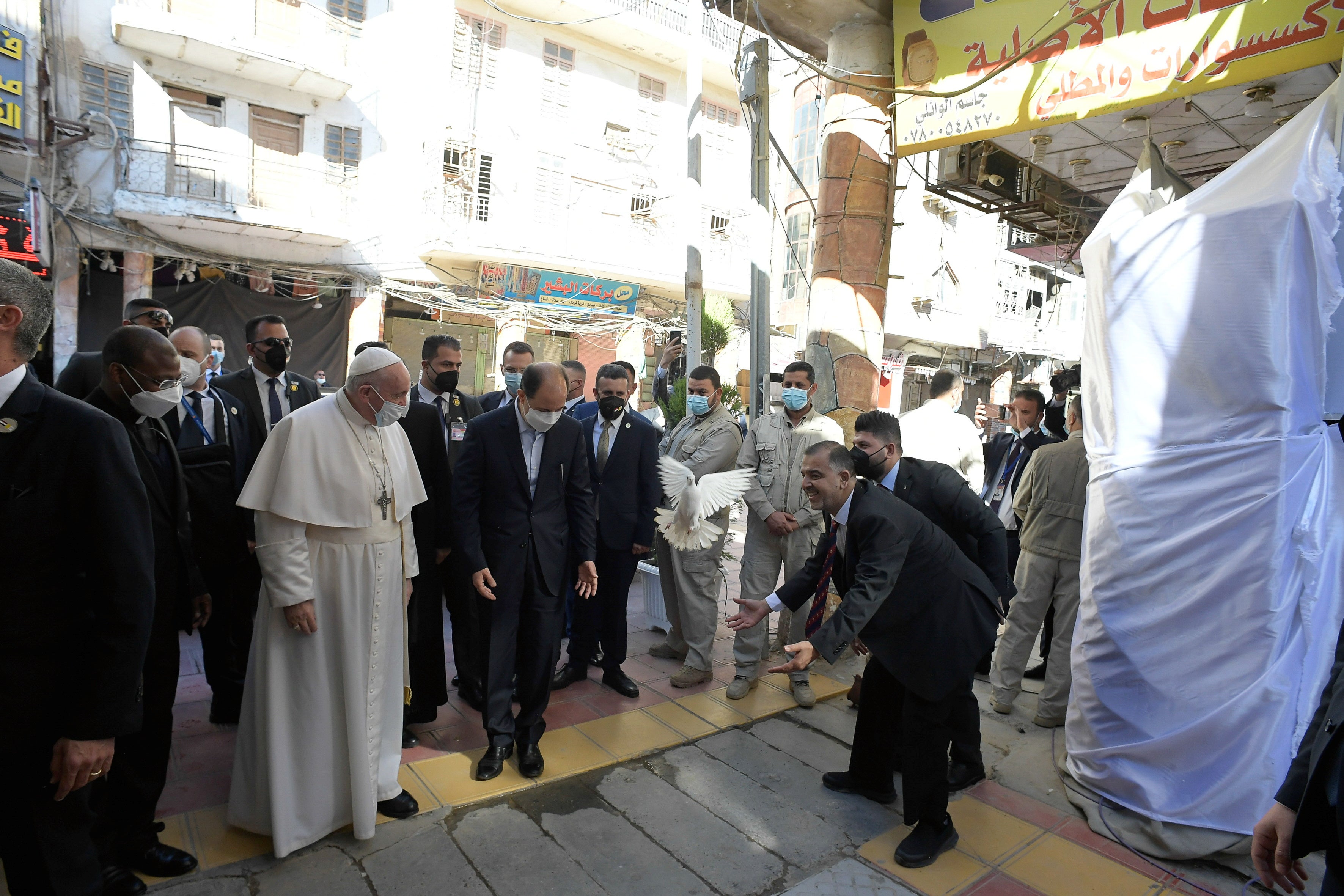 Pope Francis arrives to meet with grand ayatollah Ali al-Sistani, in Najaf, on Saturday