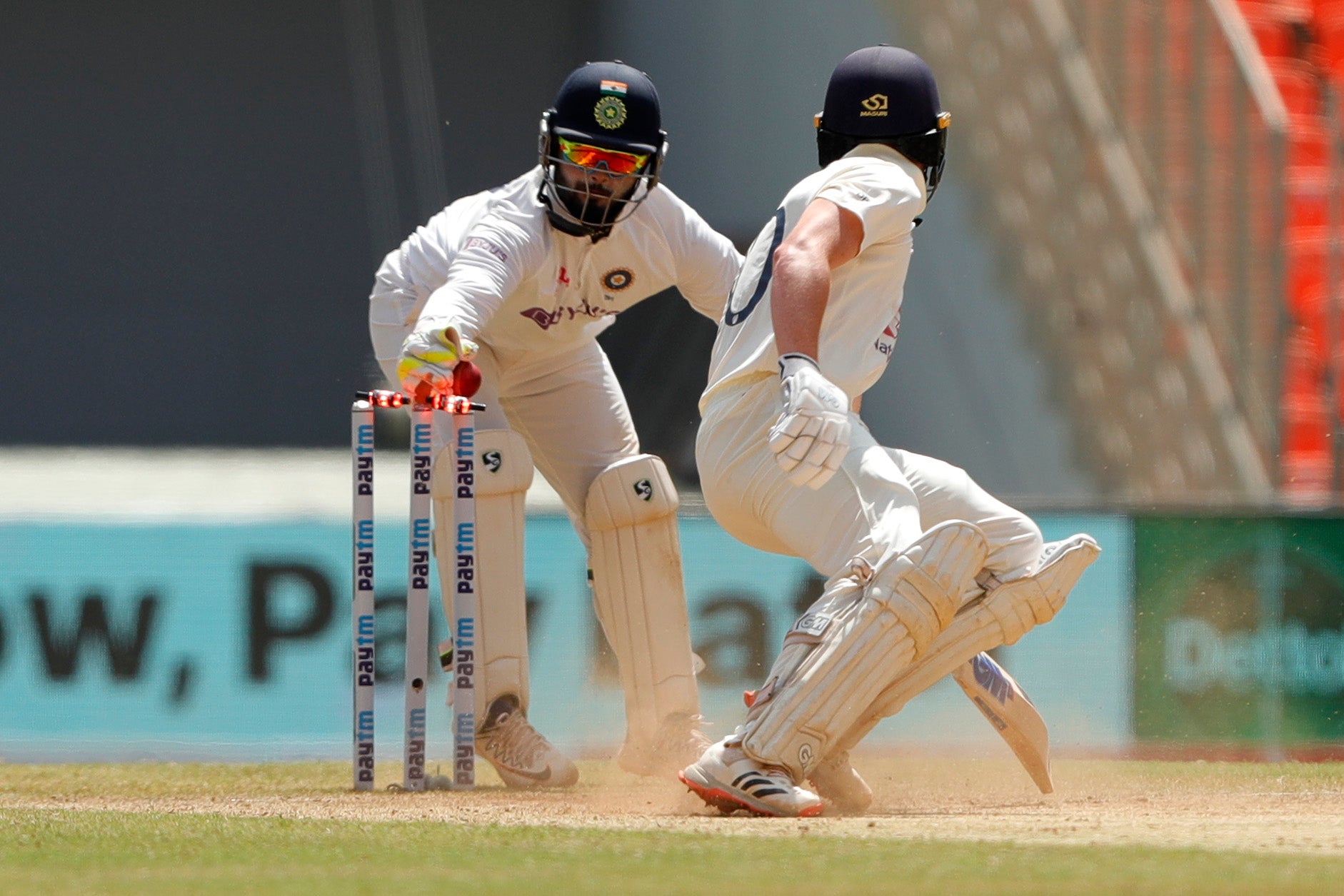 Rishabh Pant stumps Ollie Pope during day three