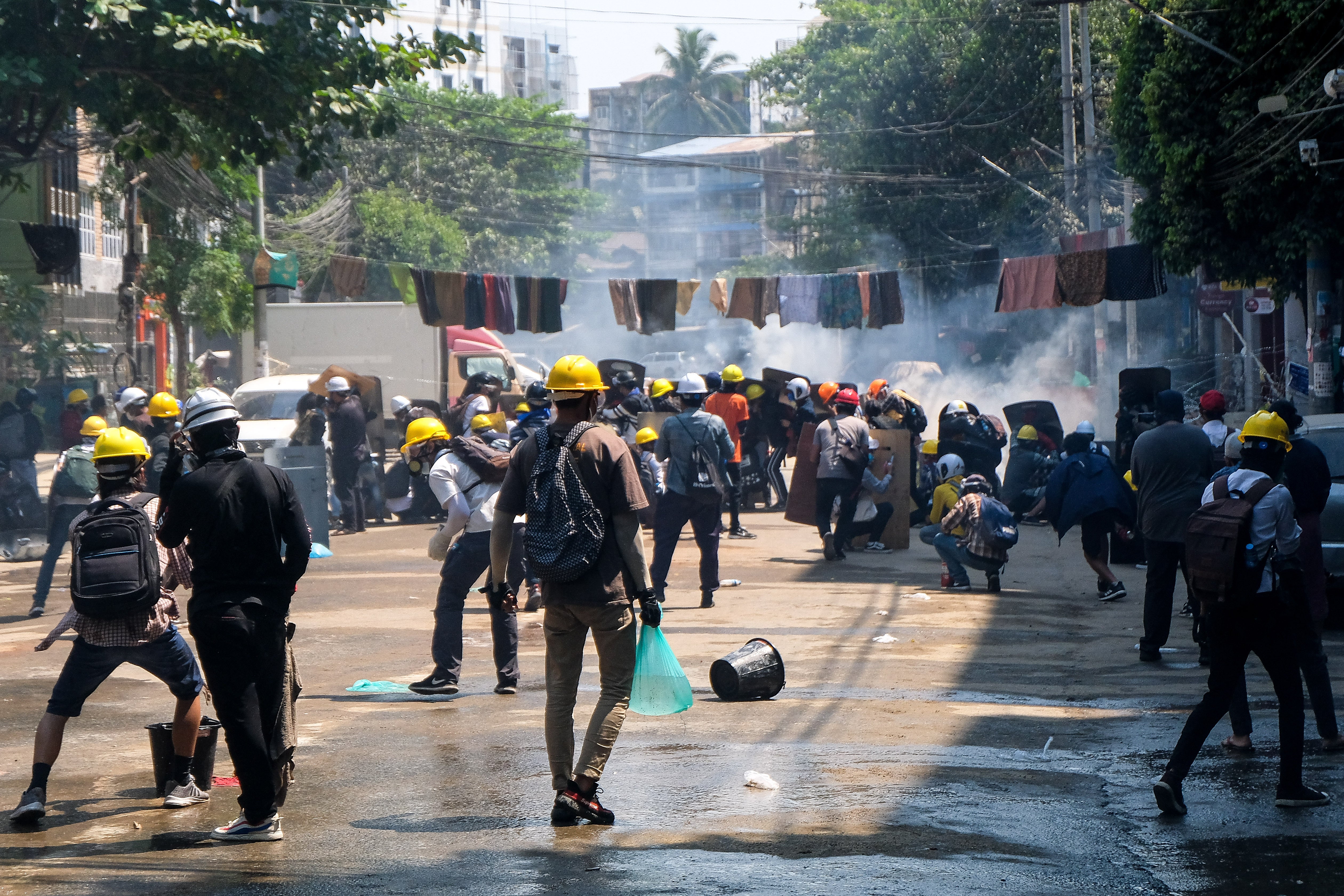 Anti-coup protesters gather in the streets of Yangon, Myanmar, on 6 March, 2021.