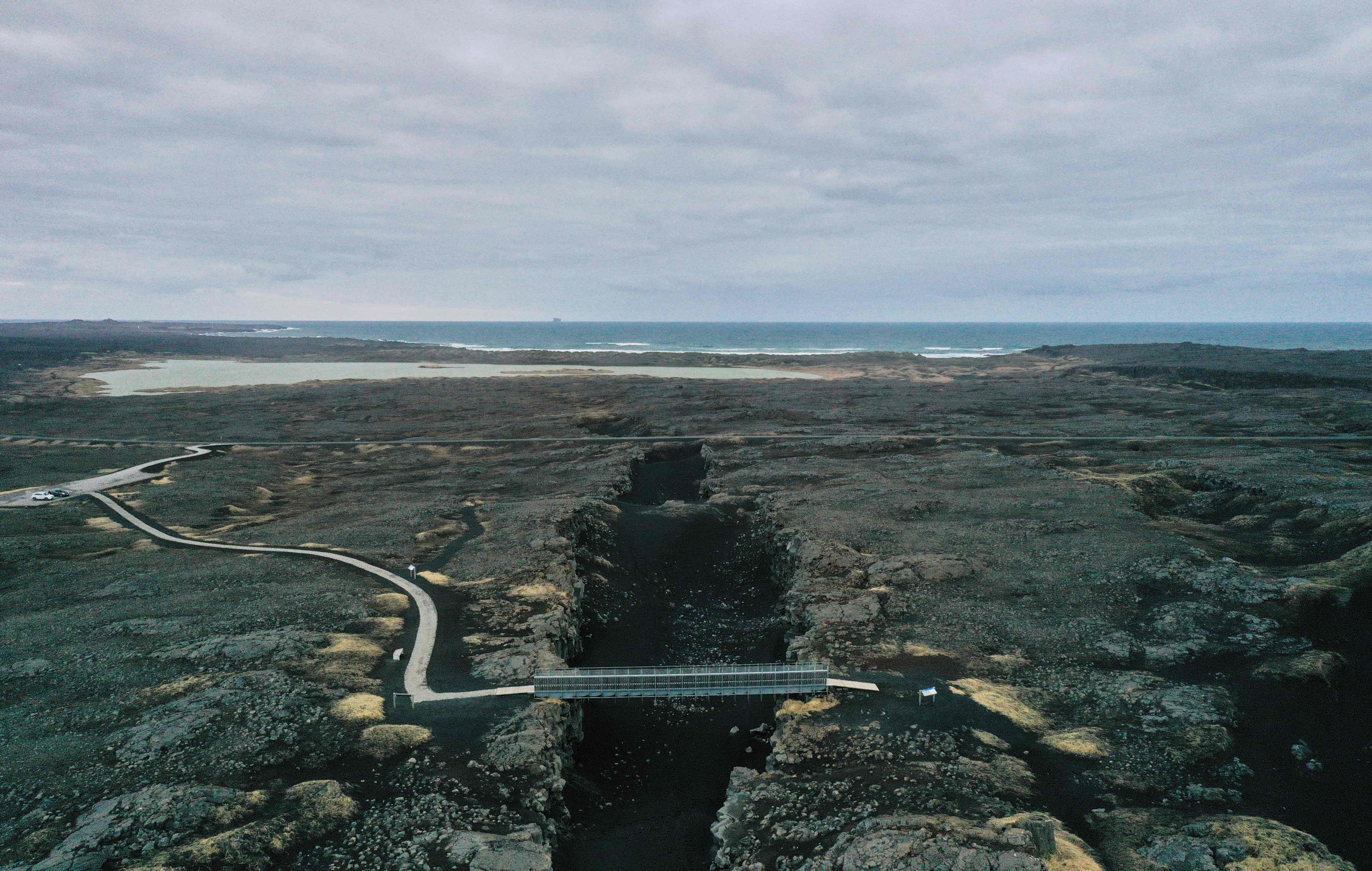 Aerial view of the Reykjanes peninsula, Iceland, some 50 kilometres west of the capital Reykjavik – one of the three most seismically active areas on the planet