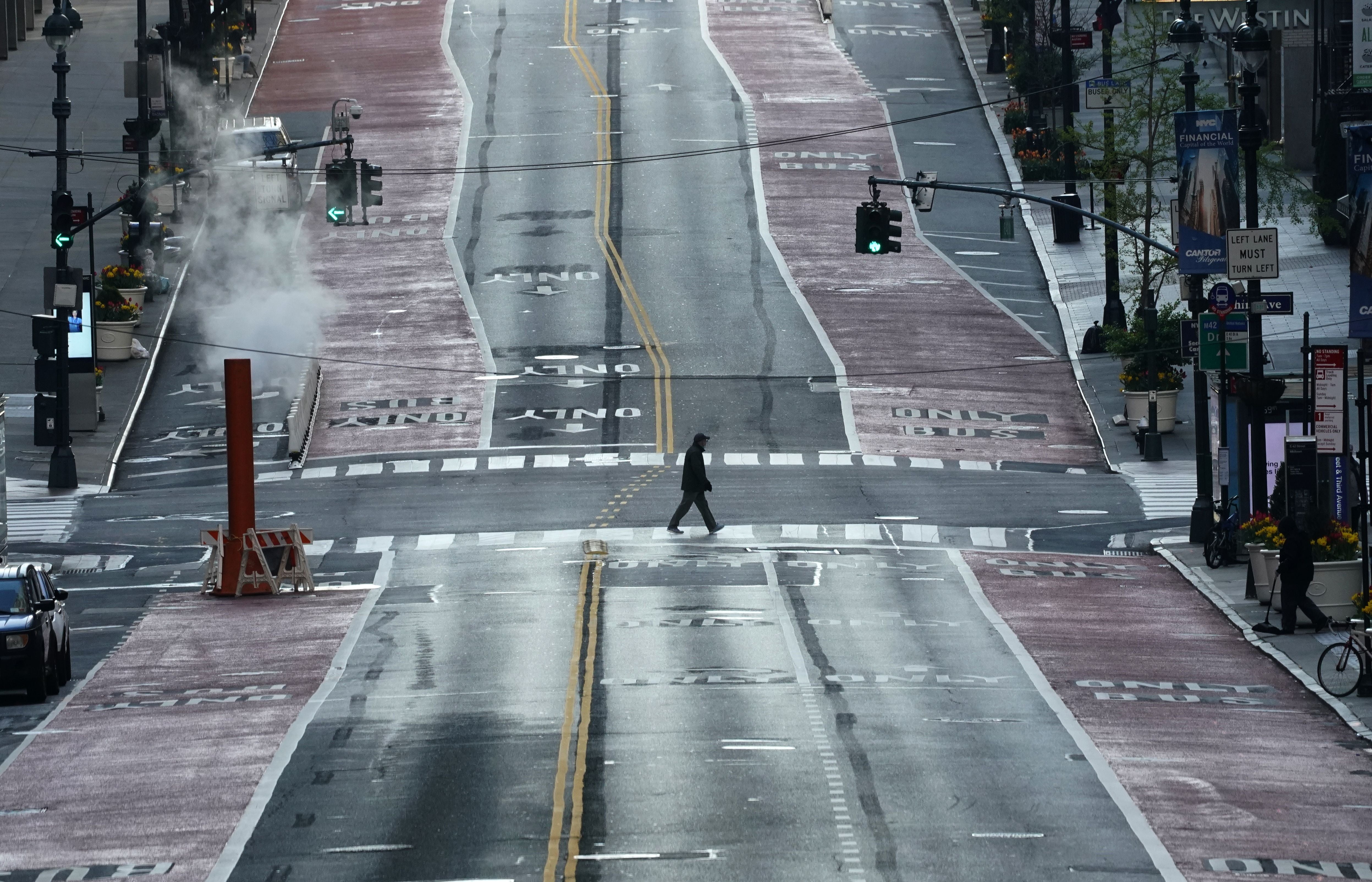 A deserted 42nd Street after governor Andrew Cuomo extended New York’s shutdown last April