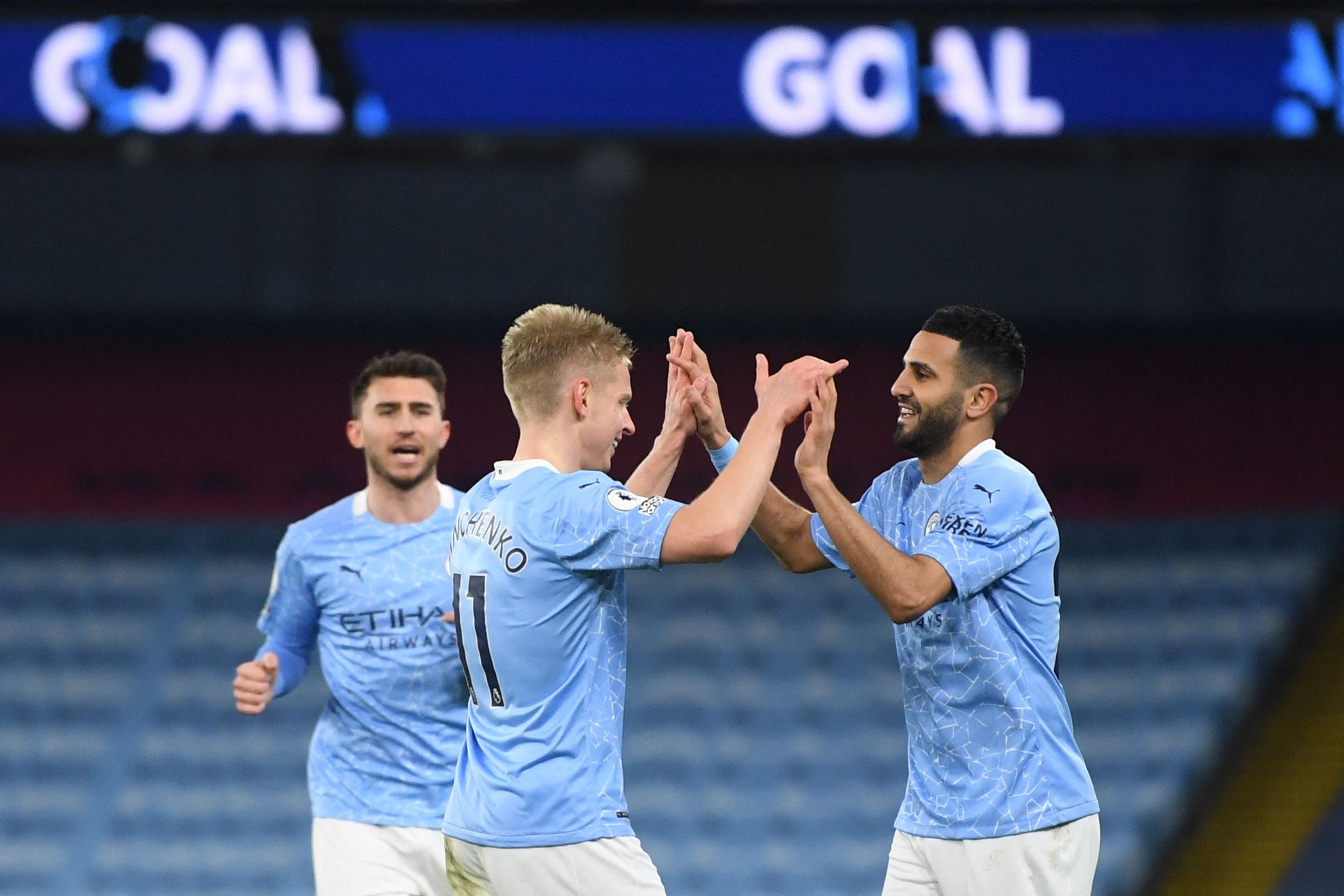 Riyad Mahrez celebrates after scoring City’s fourth goal