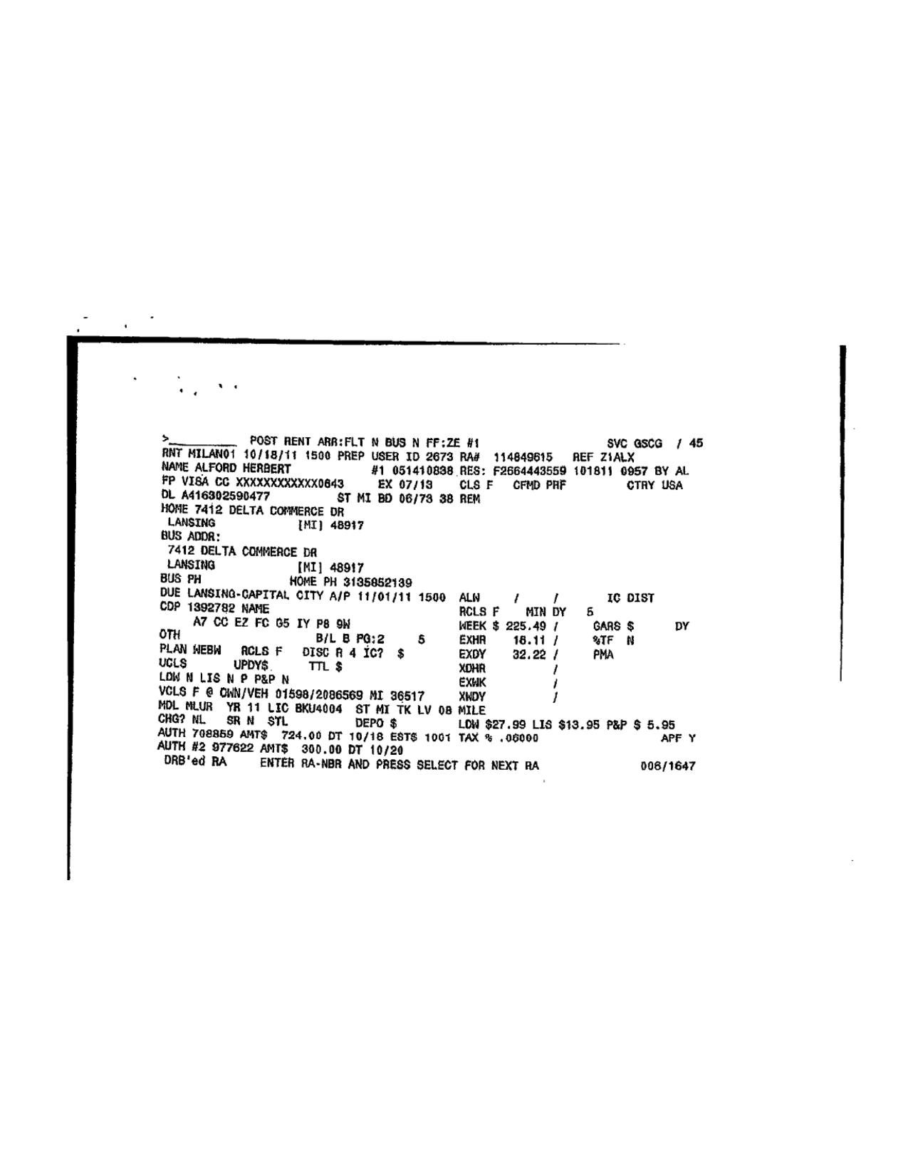 Mr Alford’s Hertz receipt that proved his innocence and which was withheld by Hertz for seven-years