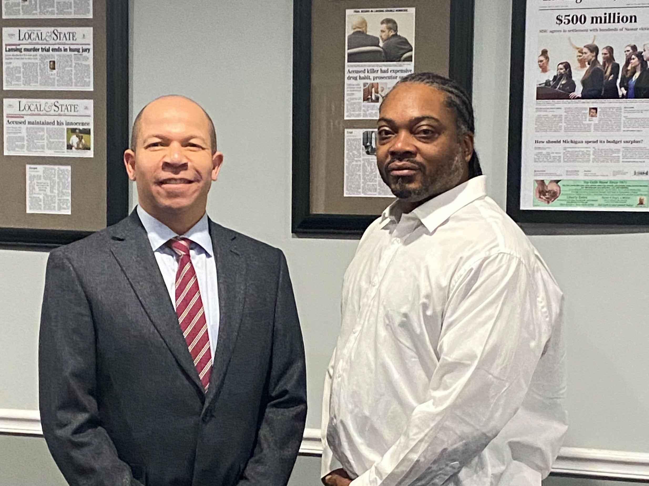 Herbert Alford, 47, (right), with attorney Jamie White, on the day they learned his wrongful conviction had been overturned in December 2020