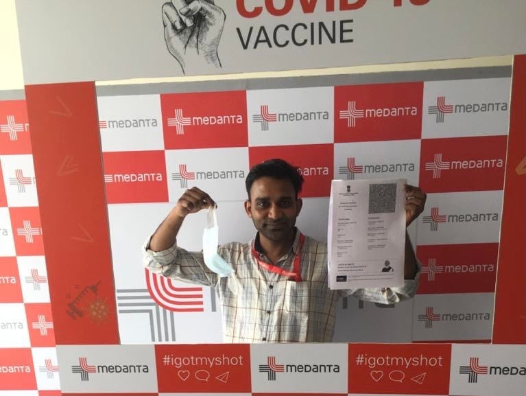 Vipin Thomas, a frontline health worker, after getting his second Covid-19 vaccine shot