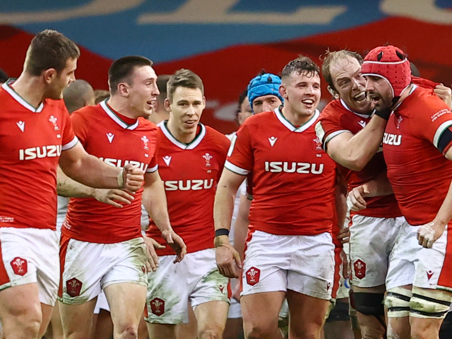 Wales celebrate their fourth try of the Six Nations match against England