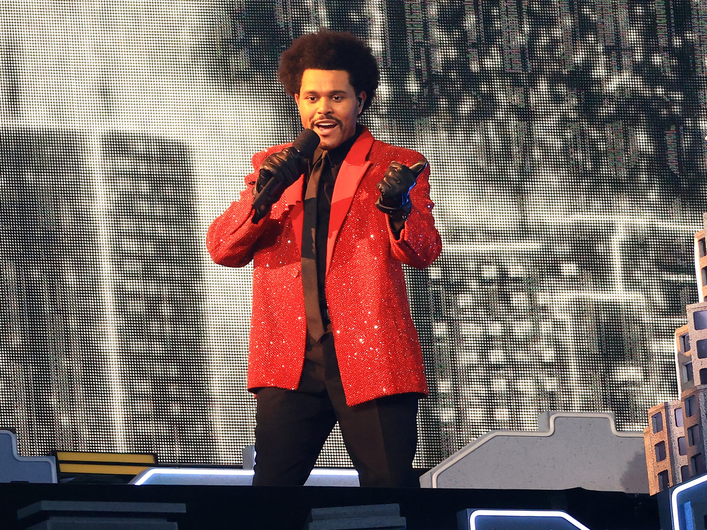 The Weeknd performs during the Super Bowl LV Halftime Show on 7 February 2021 in Tampa, Florida