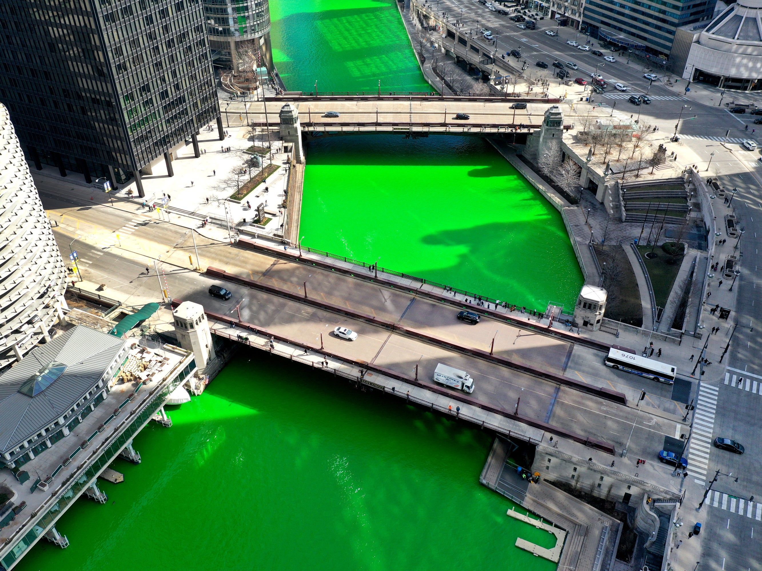 The Chicago River flows through downtown after it was dyed green in celebration of St Patrick’s Day on 13 March, 2021 in Chicago, Illinois