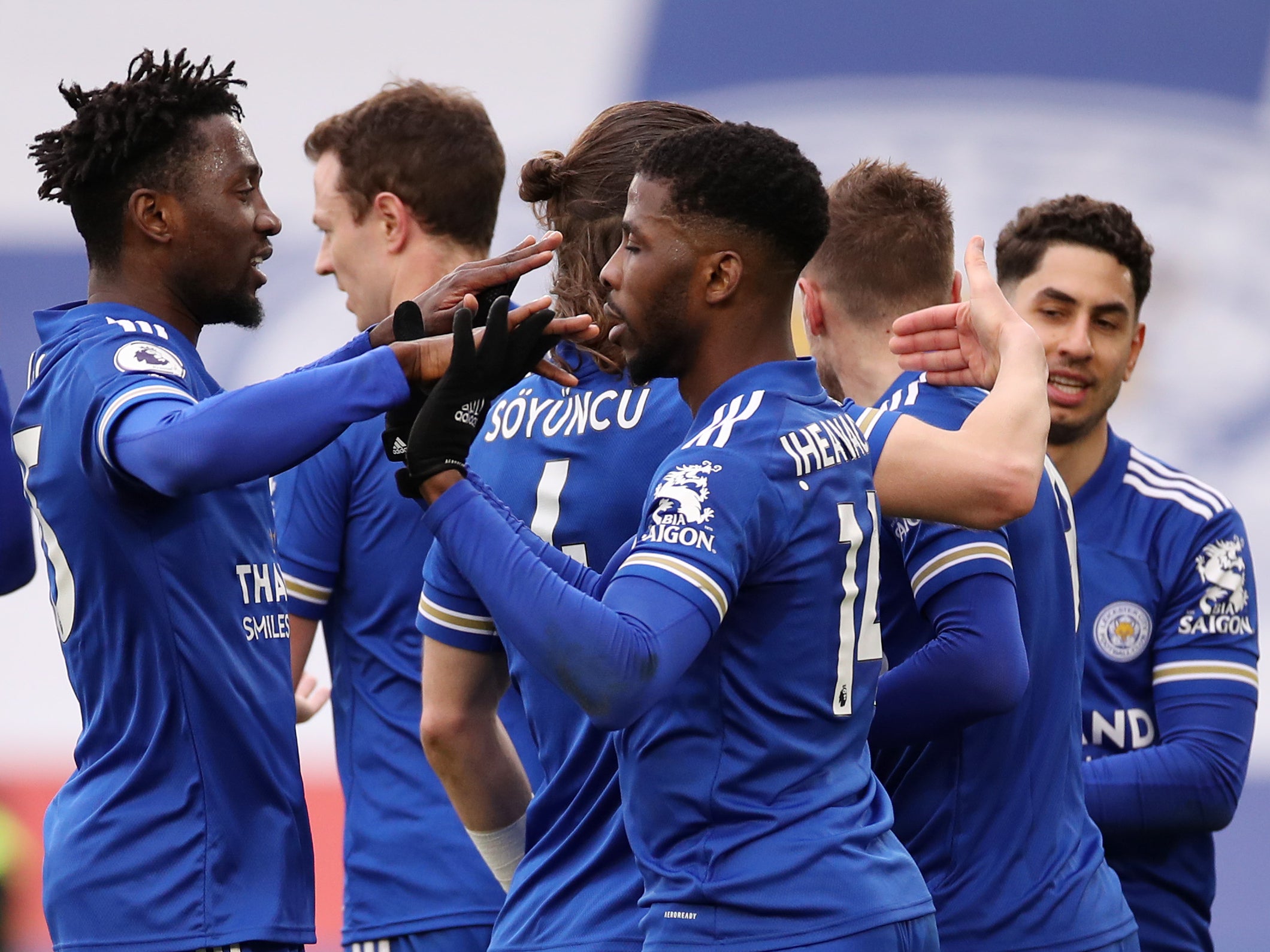 Kelechi Iheanacho (centre) scored a hat-trick to make it five goals in his last three games