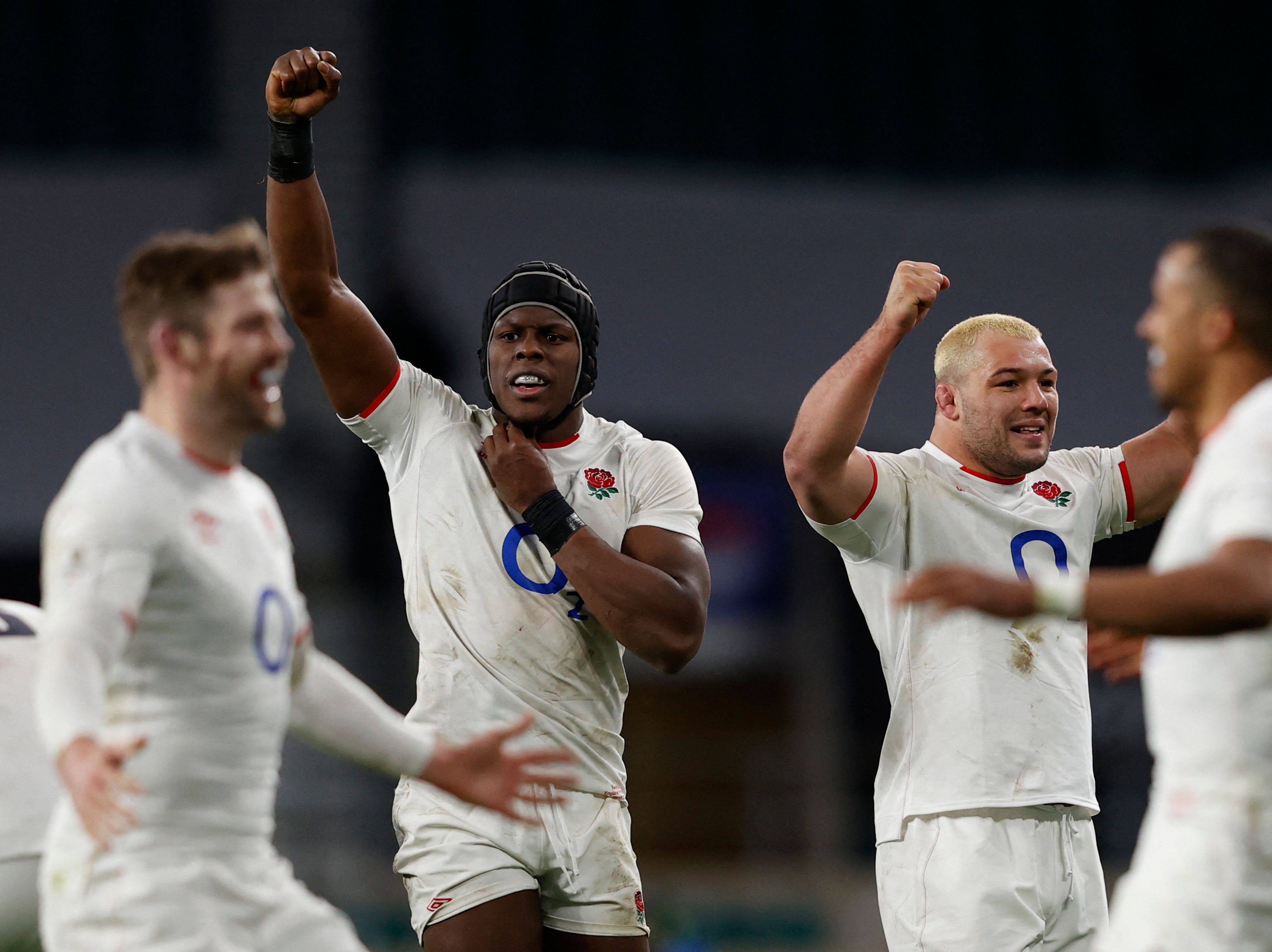 Maro Itoje celebrates victory against France