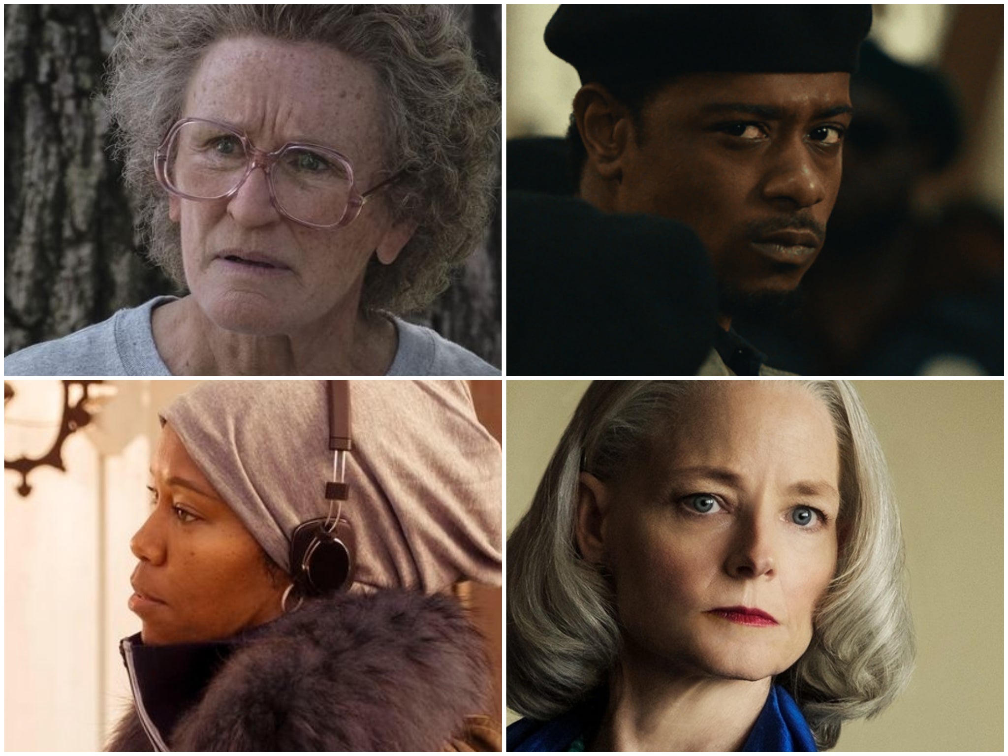 (clockwise from top left) Glenn Close in Hillbilly Elegy, Lakeith Stanfield in Judas and the Black Messiah, Jodie Foster in The Mauritanian and Regina King directs on the set of One Night in Miami...