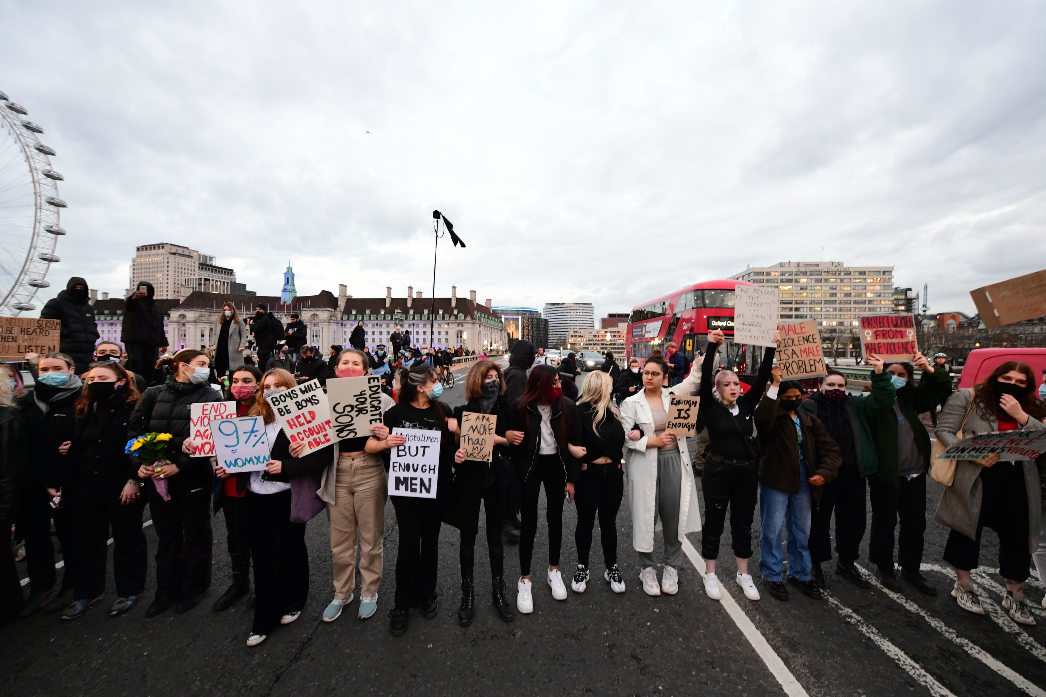 Protesters on Westminster Bridge during a protest in memory of Sarah Everard