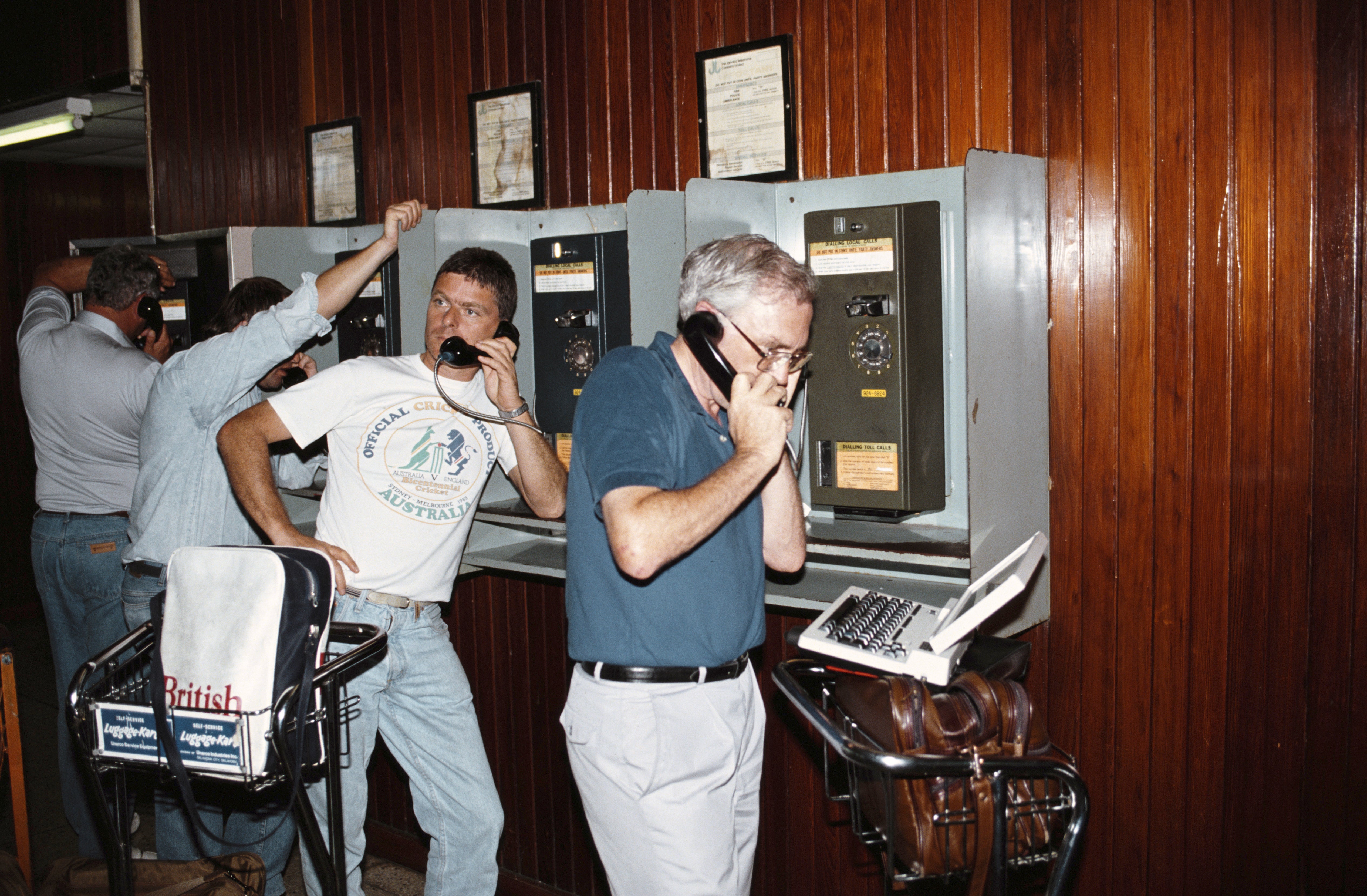 Martin and fellow cricket scribe Peter Johnson file copy over the phone during England’s 1990 tour of the West Indies