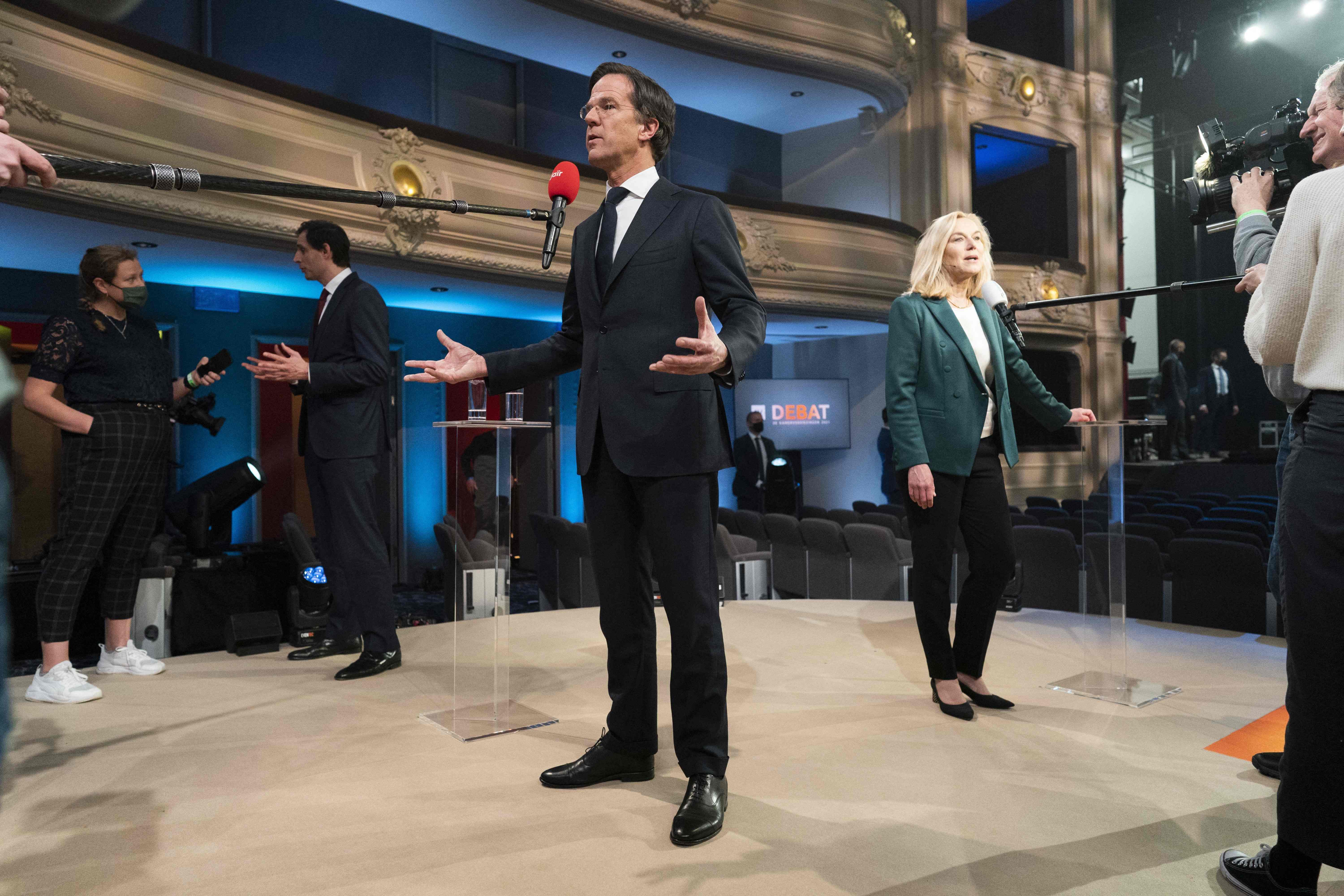 Dutch prime minister Mark Rutte of the VVD party speaks to the press after a televised election debate