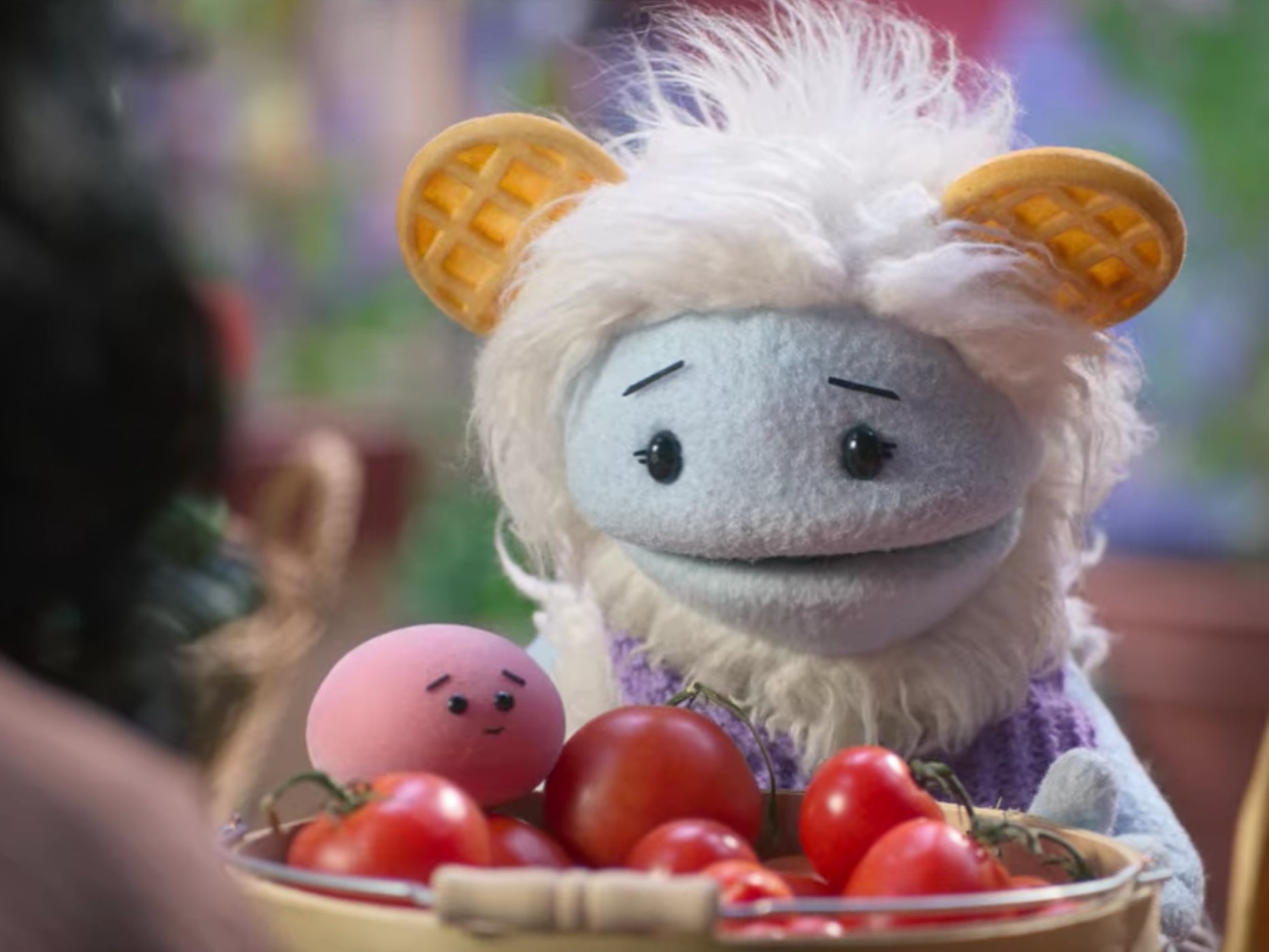 Waffles and Mochi, the two titular puppets in ‘Waffles + Mochi'