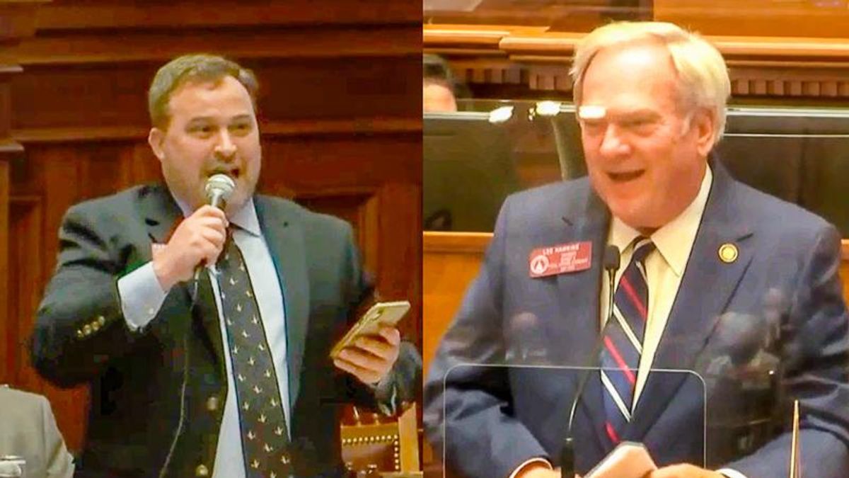 A screen grab from a debate in Georgia’s House of Representatives on Monday in which two Republican lawmakers, Kasey Carpenter (left) and Lee Hawkins (right), referenced Cardi B’s “backside”