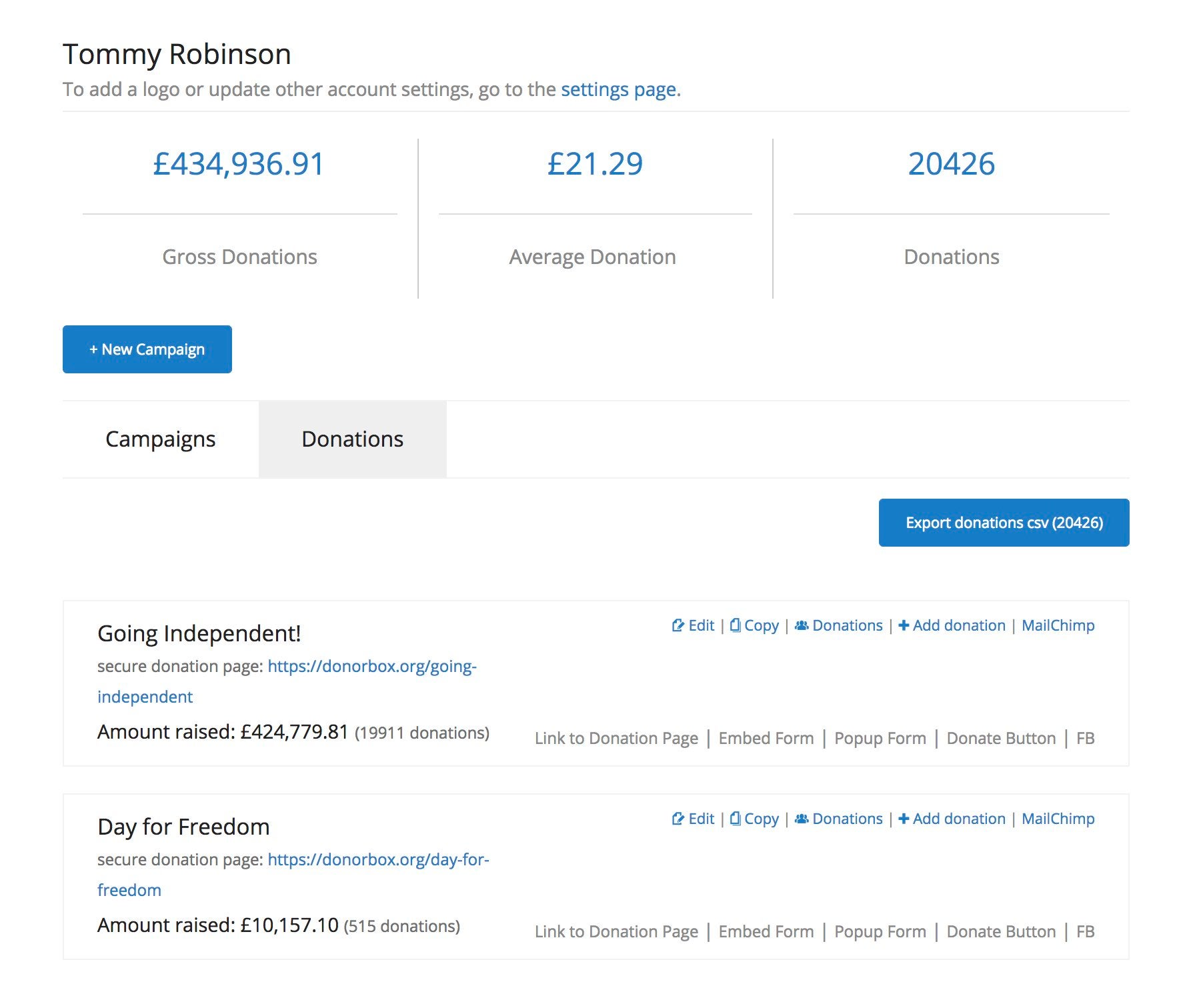 A screengrab from the Donorbox website showing donations to Tommy Robinson in spring 2018