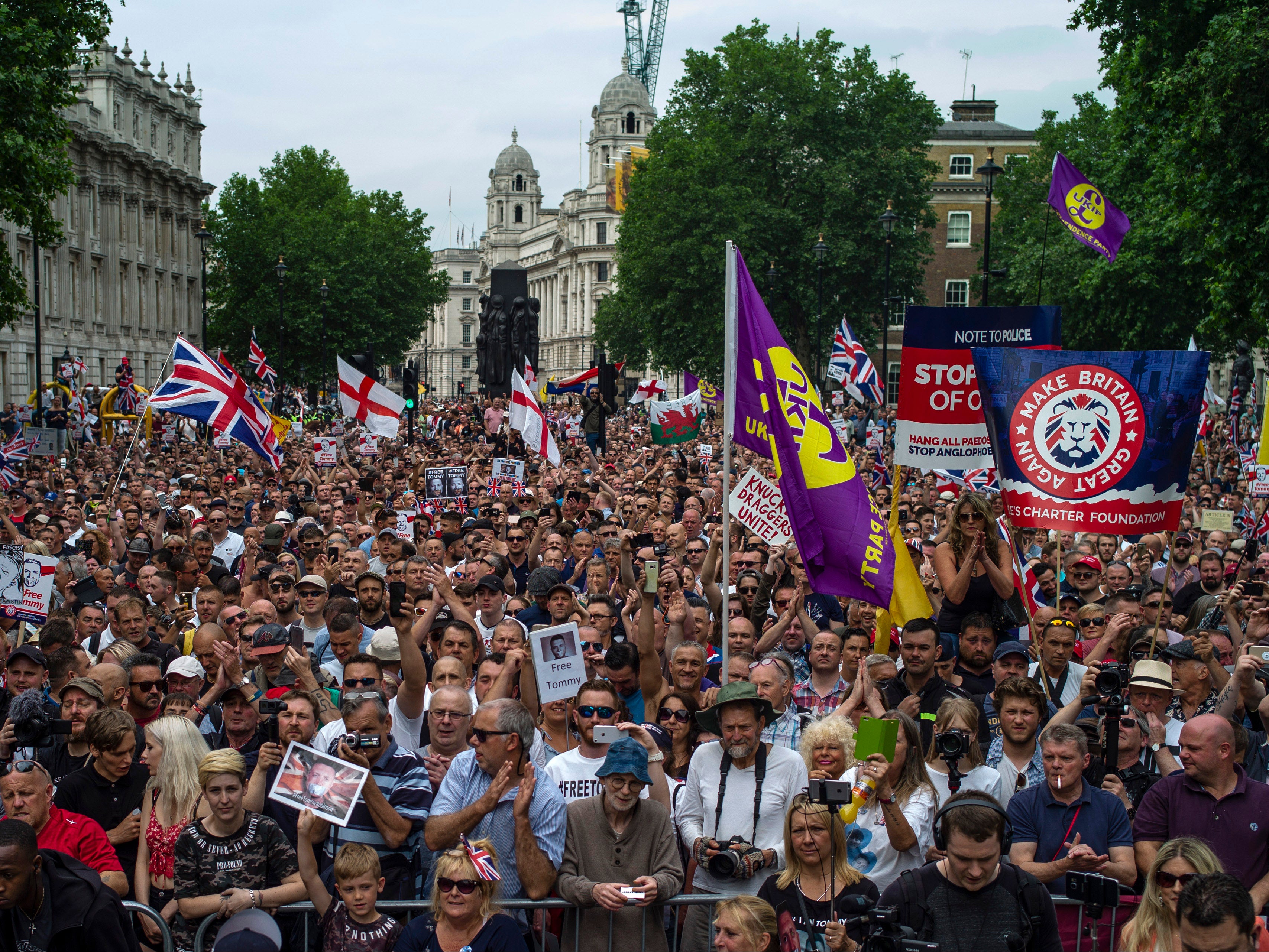 Protesters gather during a ‘Free Tommy Robinson’ protest on Whitehall on 9 June 2018 in London