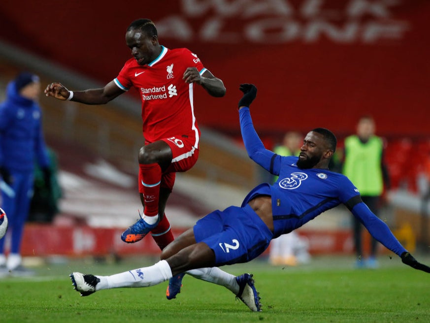 Antonio Rudiger tackles Sadio Mane