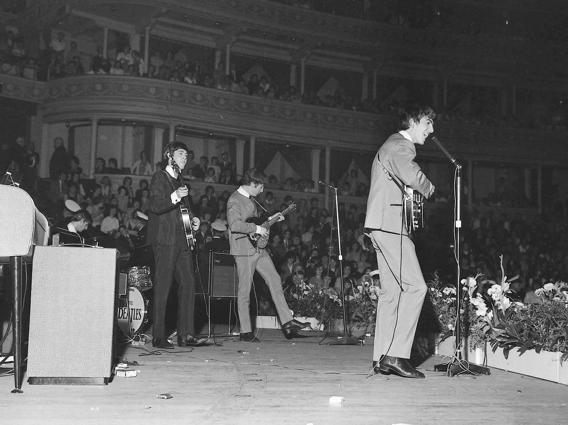 John Lennon, Paul McCartney, George Harrison and Ringo Starr on stage at the Royal Albert Hall in London in September 1963