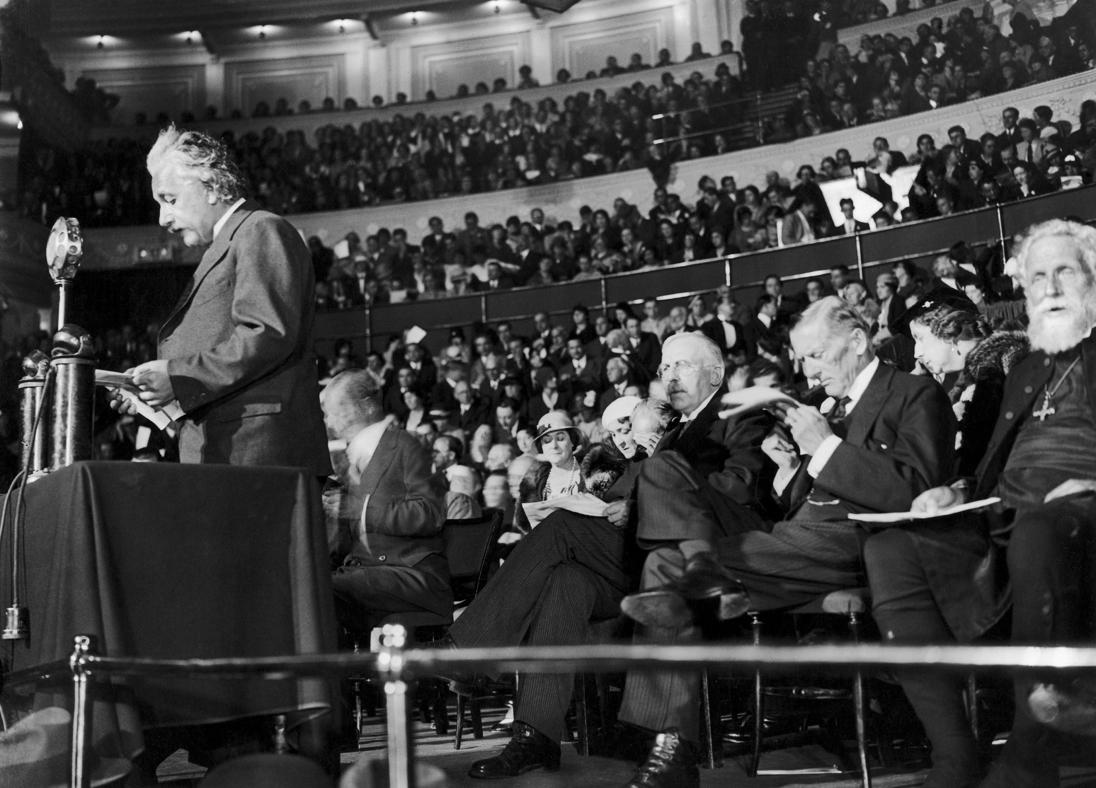 Albert Einstein speaking during his Science And Civilisation lecture in 1933 at the Royal Albert Hall