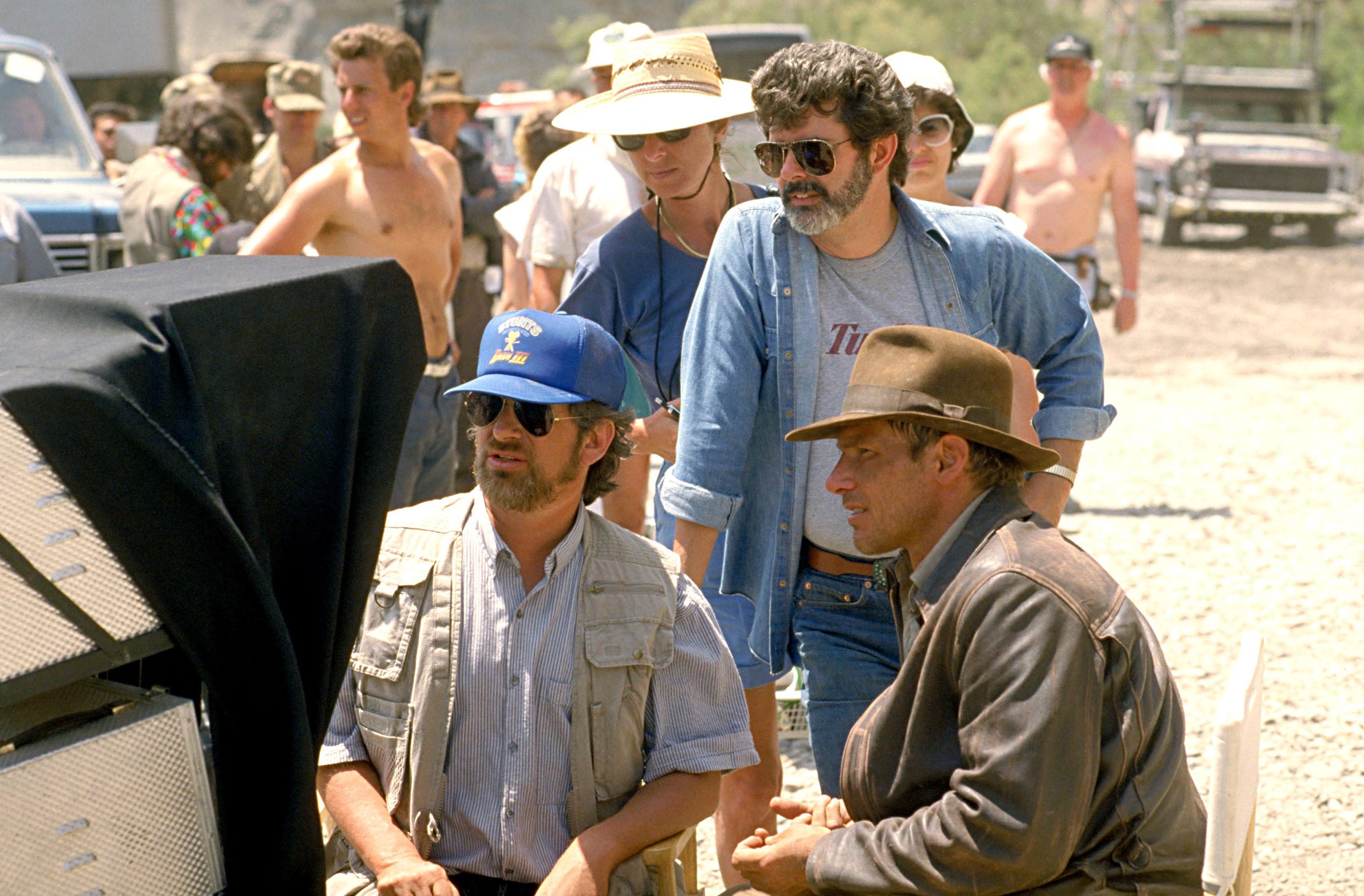 Spielberg, Lucas and Ford on the set of ‘Indiana Jones and The Last Crusade’ in 1989