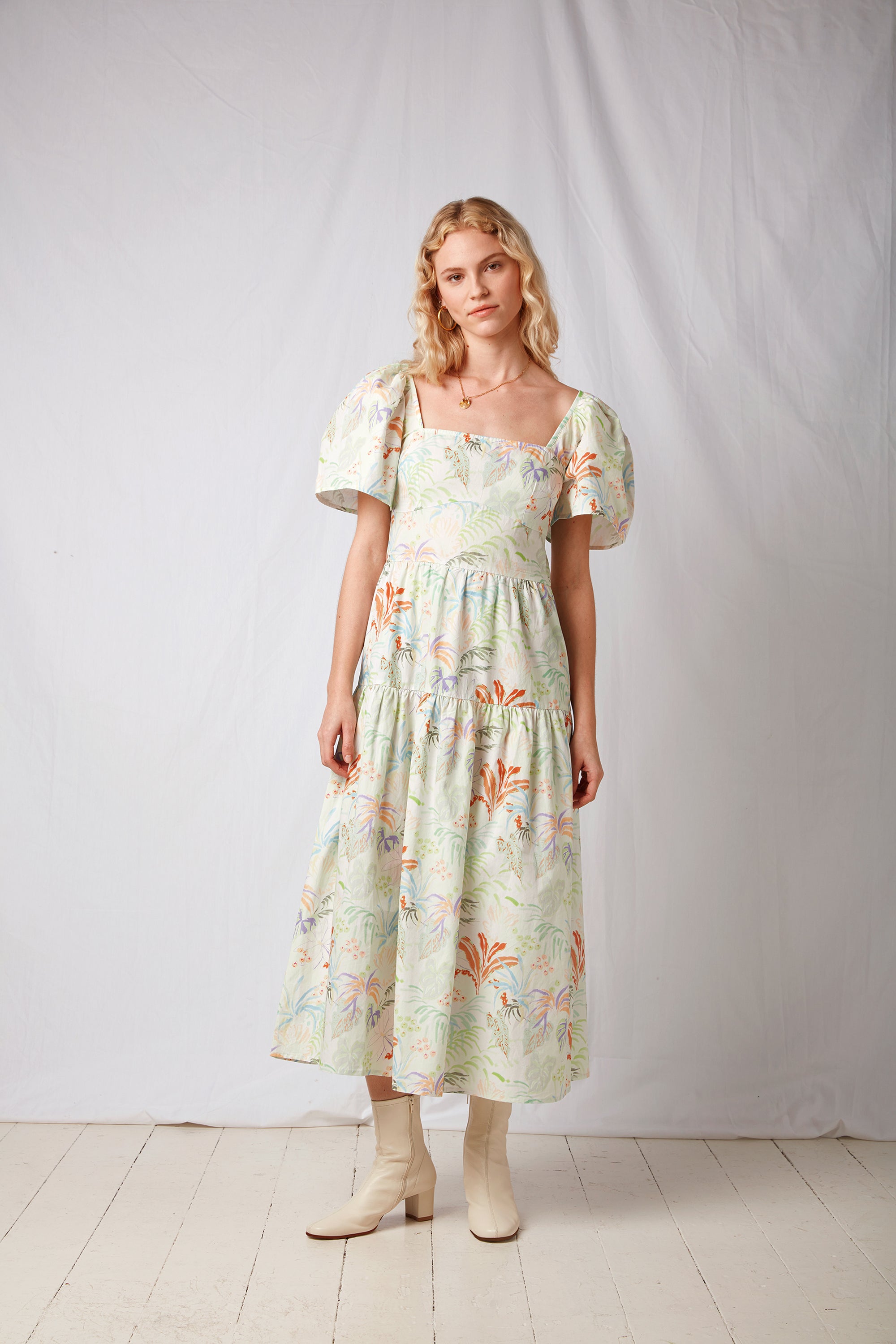 Omnes Daphne Tiered Midi Dress in Rainforest Print