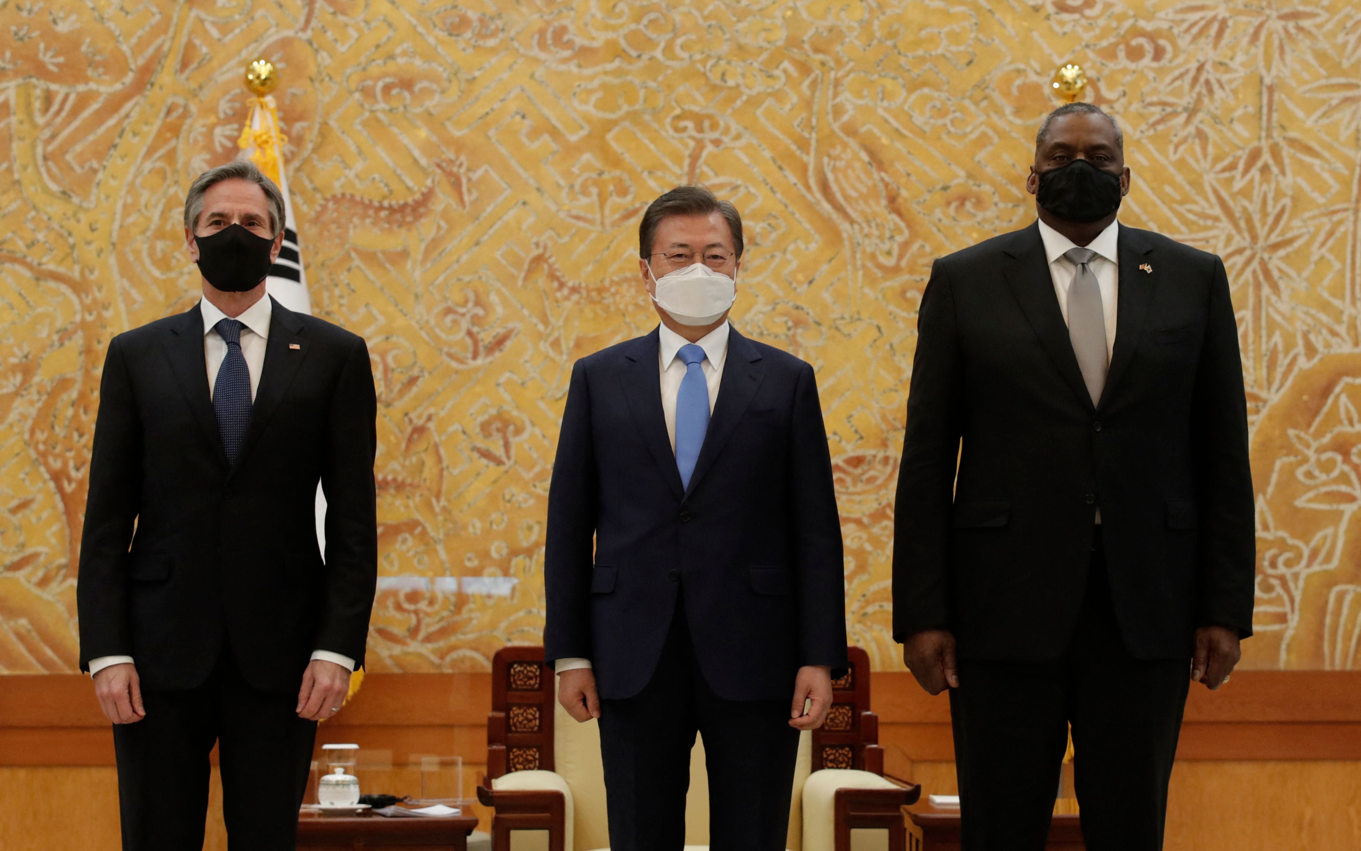 South Korean president Moon Jae-in with US secretary of state Antony Blinken and defense secretary Lloyd Austin before their meeting in Seoul on 18 March, 2021