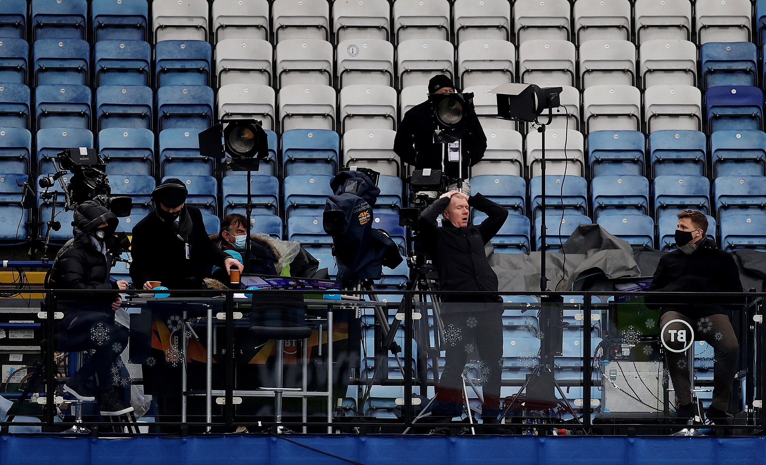 BT Sport pundit Paul Scholes reacts after the side he used to play for, Manchester United, missed a chance to score against Leicester City at King Power Stadium in December