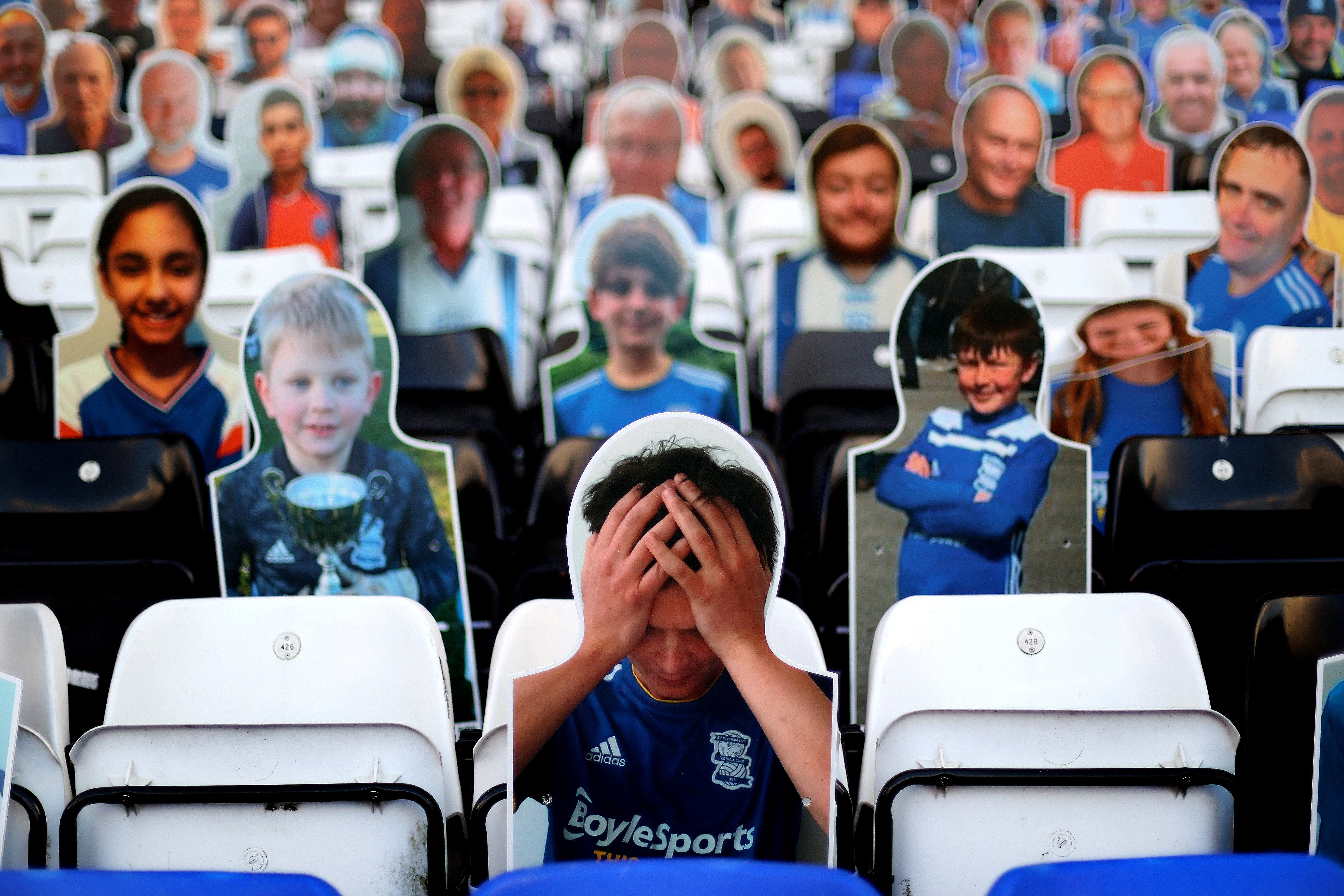 Cardboard cutouts of fans placed in the stands of Birmingham City’s stadium St Andrew’s, as clubs try to increase revenue and add some atmosphere