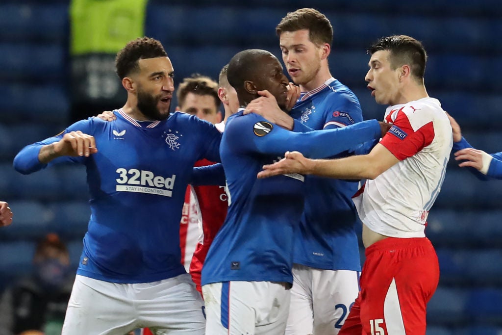 Glen Kamara, centre, confronts Ondrej Kudela over the incident