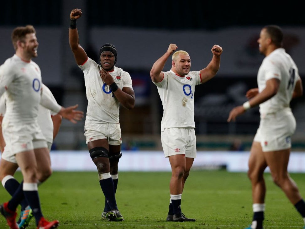 Maro Itoje and Ellis Genge celebrate England’s victory against France