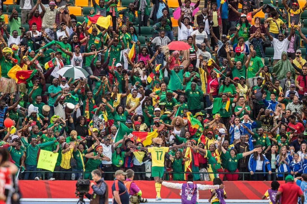 Cameroon's Gaelle Enganamouit celebrates at the Fifa Women's World Cup in 2015