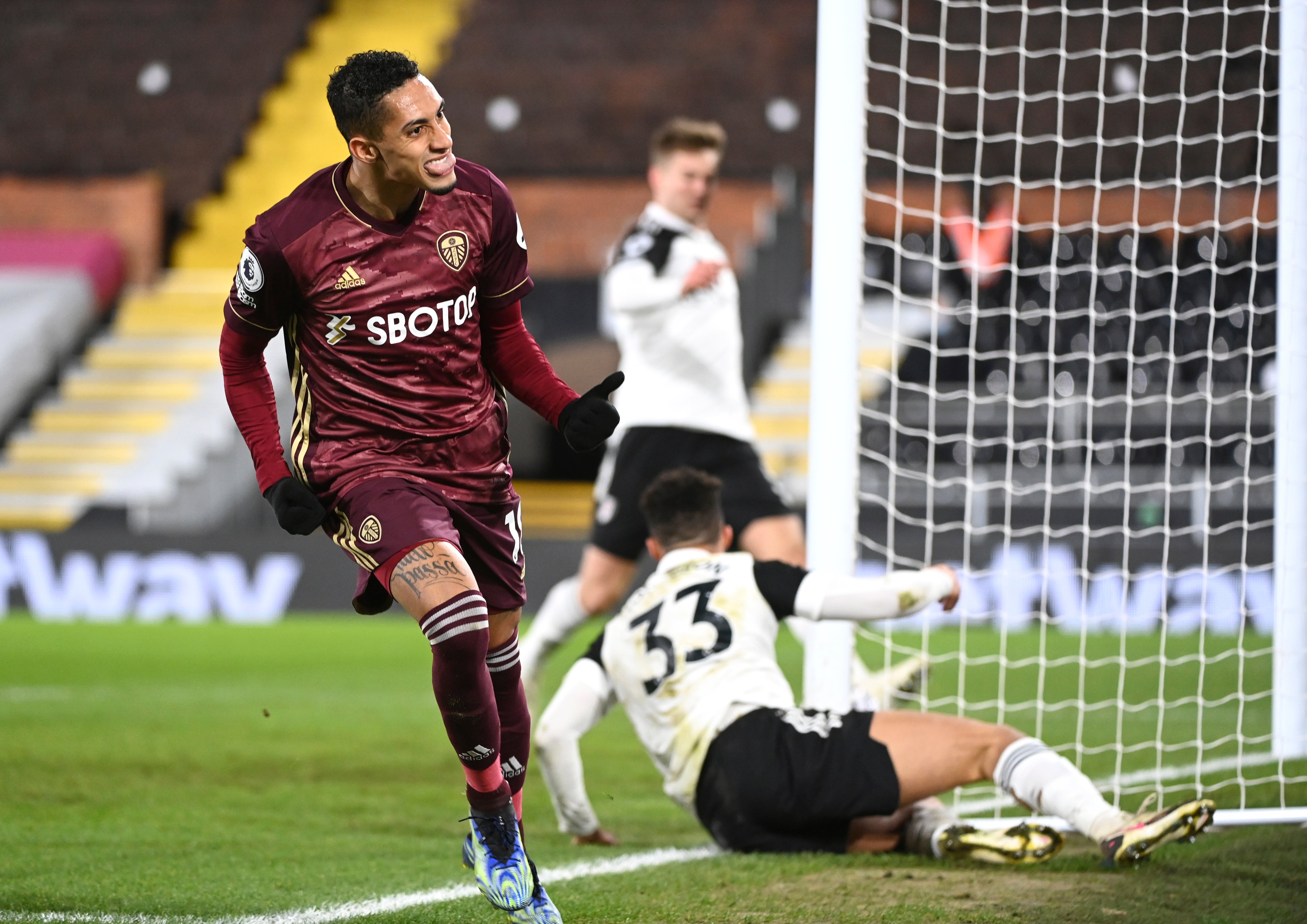 Raphinha celebrates after scoring Leeds’ winning goal