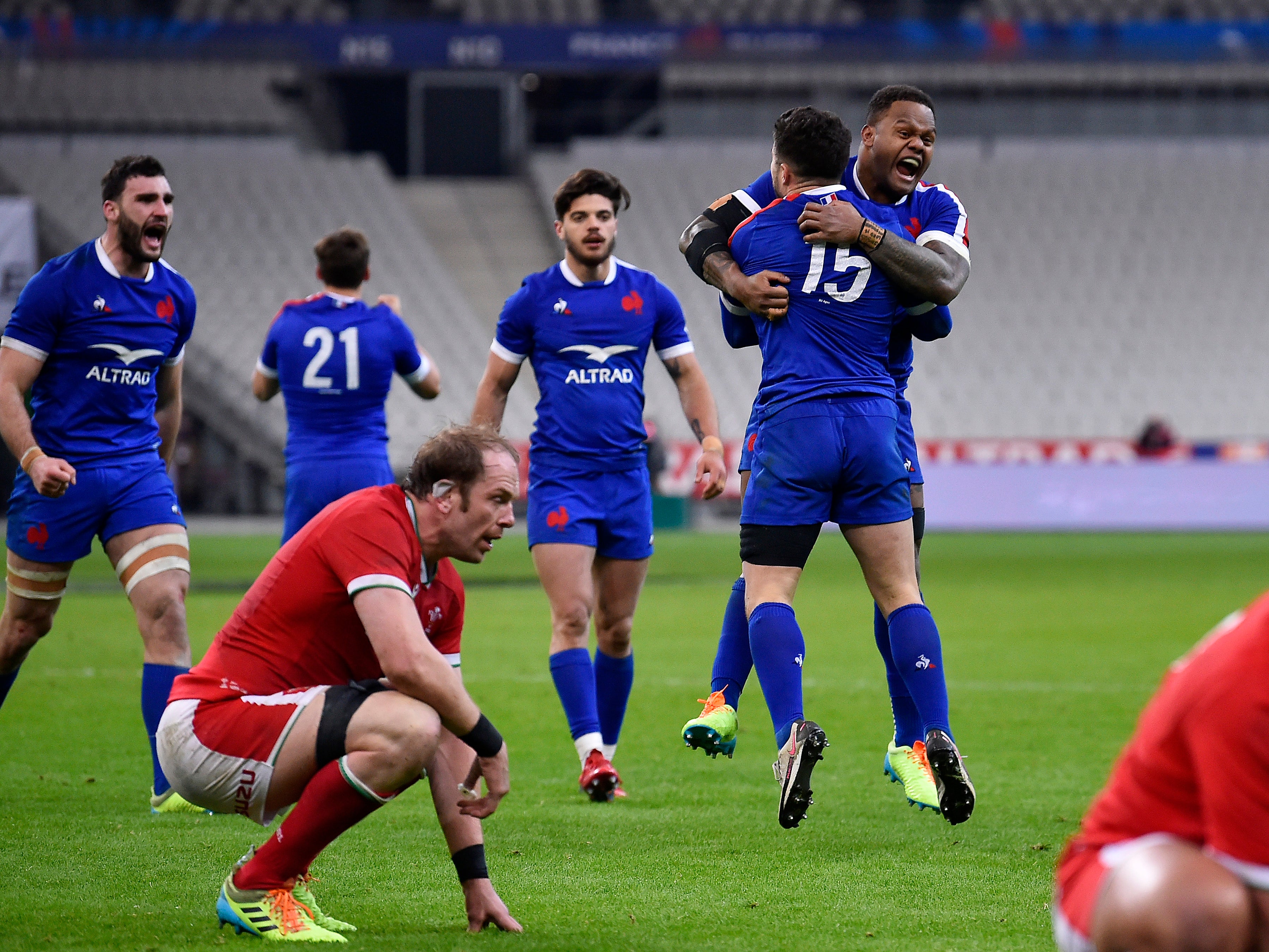 Brice Dulin of France celebrates scoring the winning time in injury time