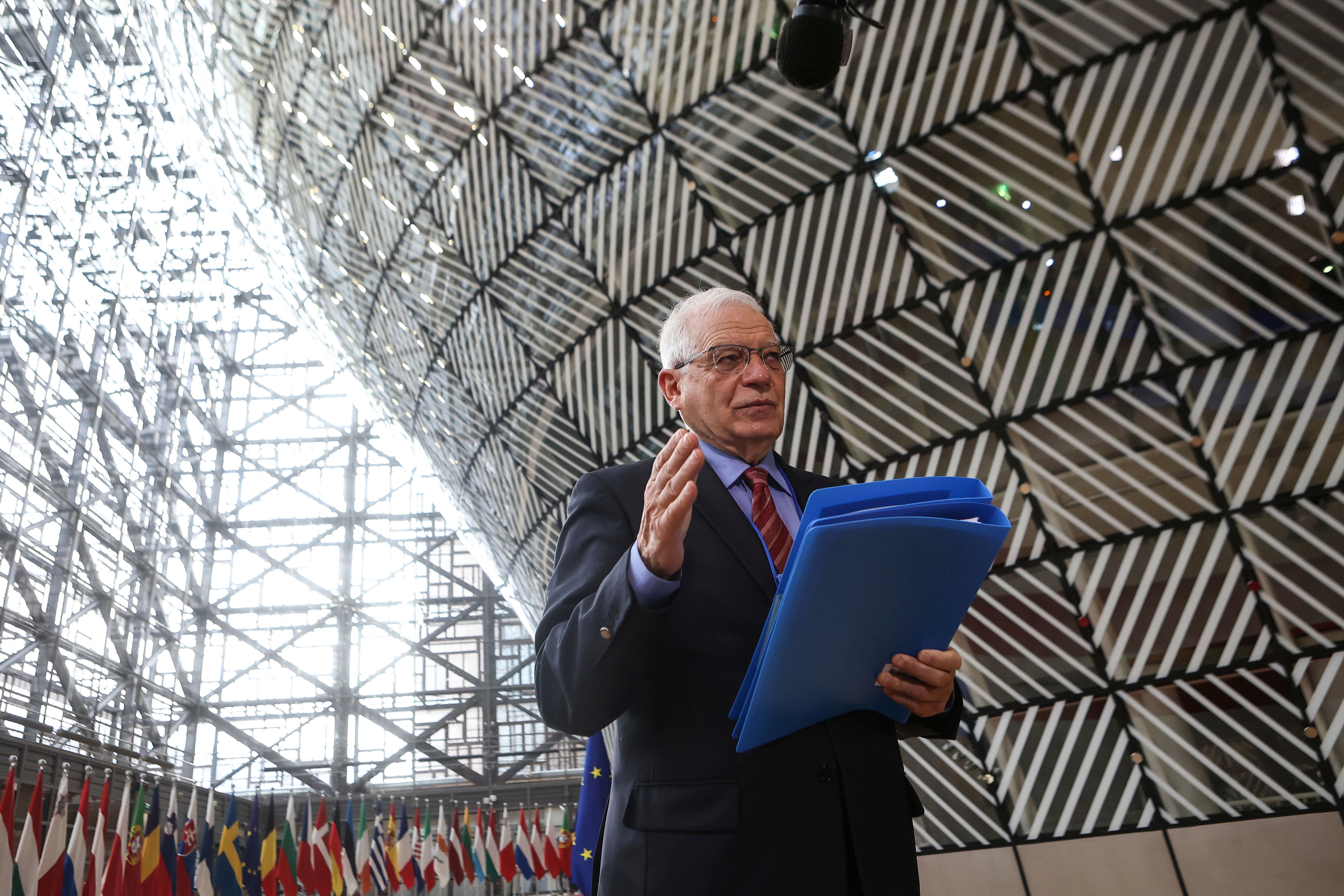 European Union foreign policy chief Josep Borrell speaks to the media prior to a meeting of the European Foreign Affairs Ministers, at the European Council headquarters in Brussels, Monday