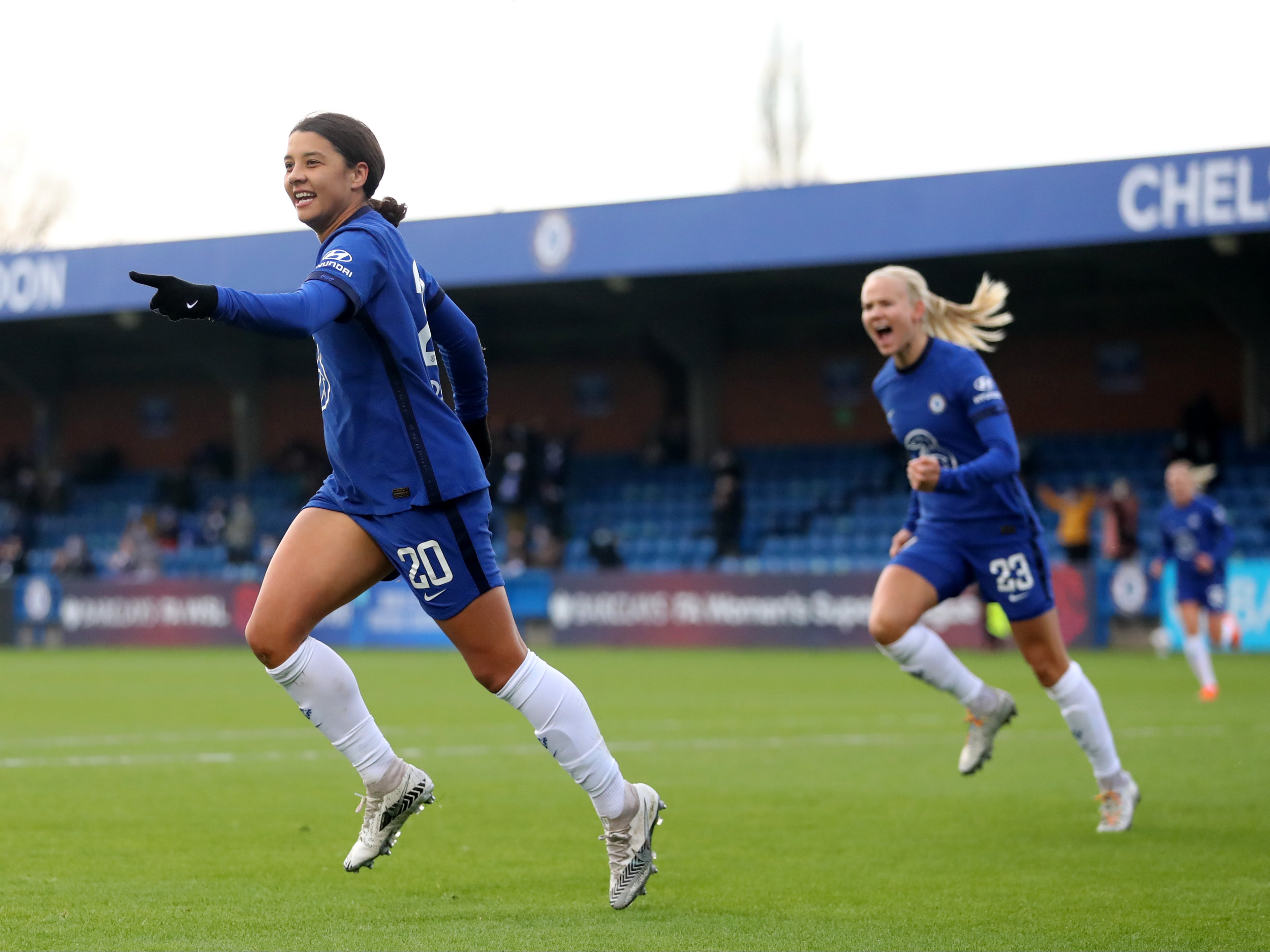Sam Kerr and Pernille Harder celebrate