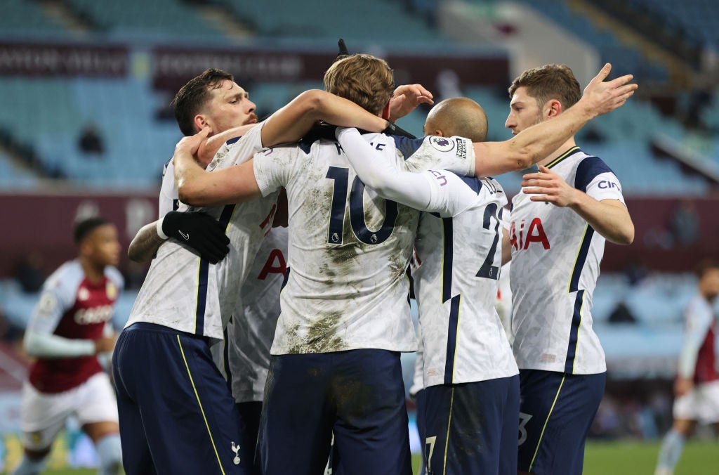 Spurs players celebrate scoring against Aston Villa