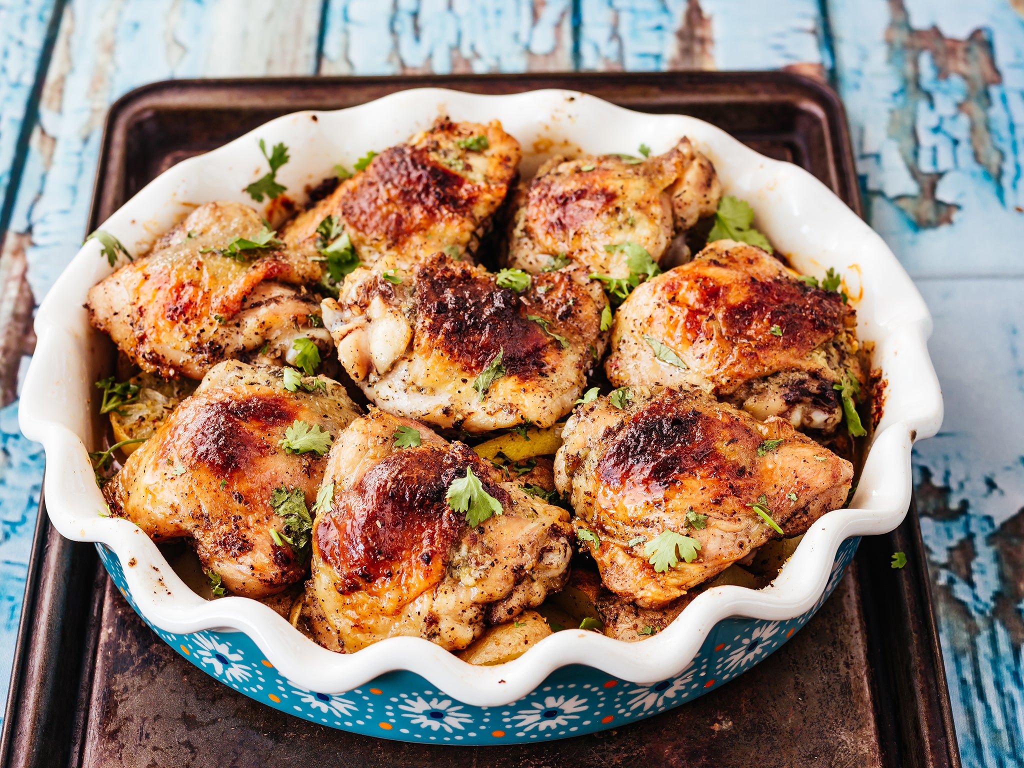 This sheet-pan dish gets a flavour boost from a tangy herbed yoghurt sauce