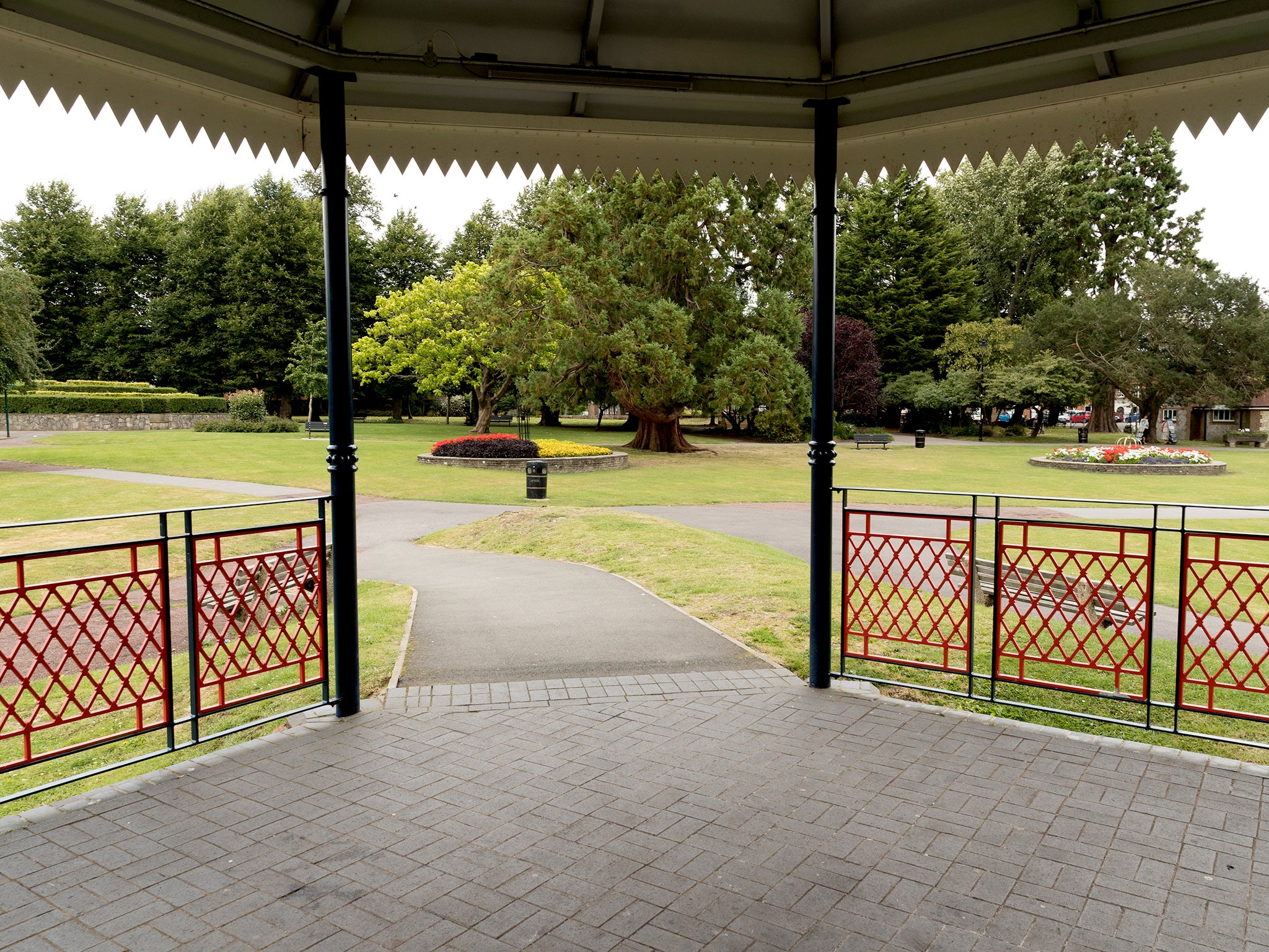 Inside the park, there’s a bandstand with a raised platform, as well as a gazebo